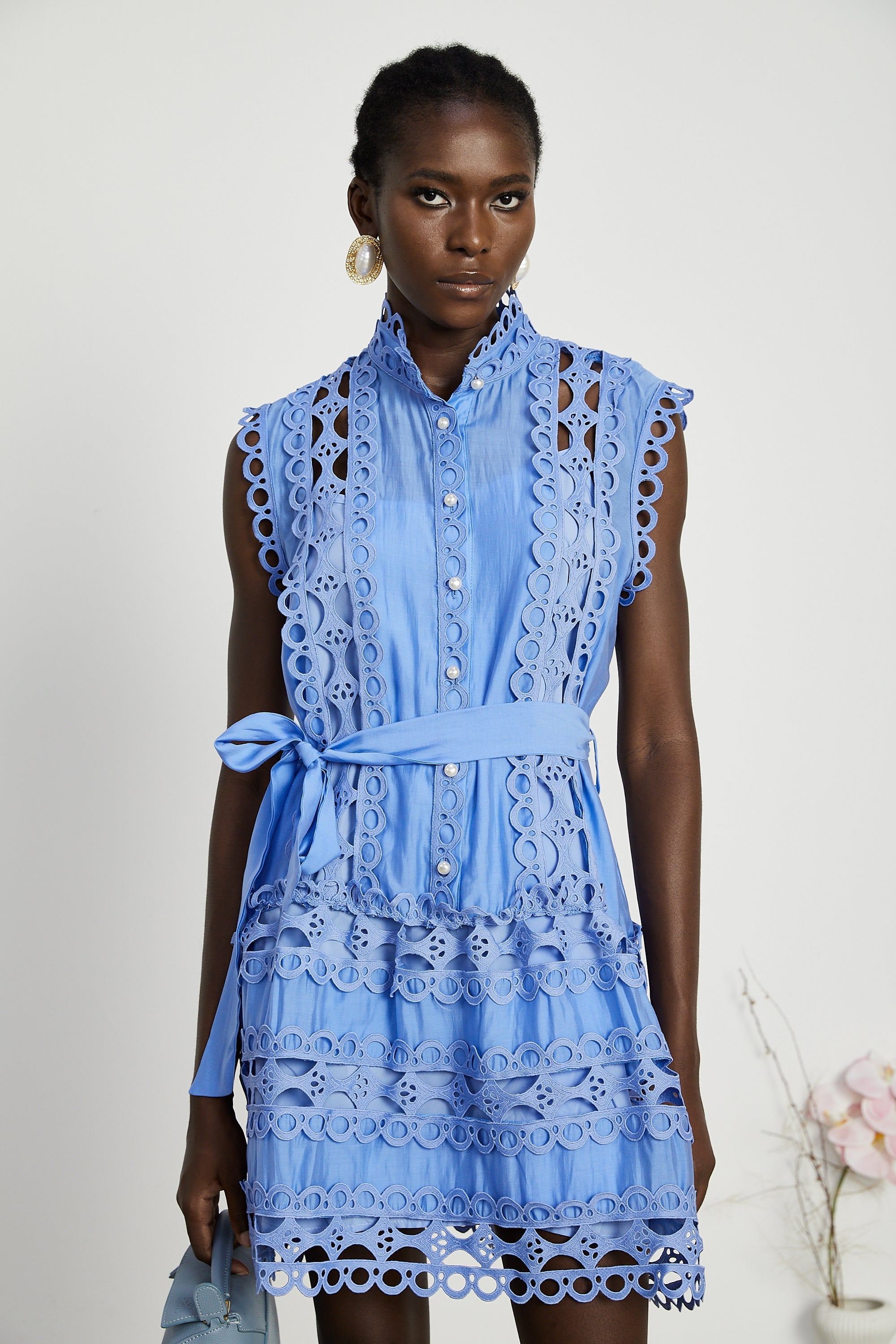 Sky Blue Lace Dress with Tie Belt for Women - Ornella