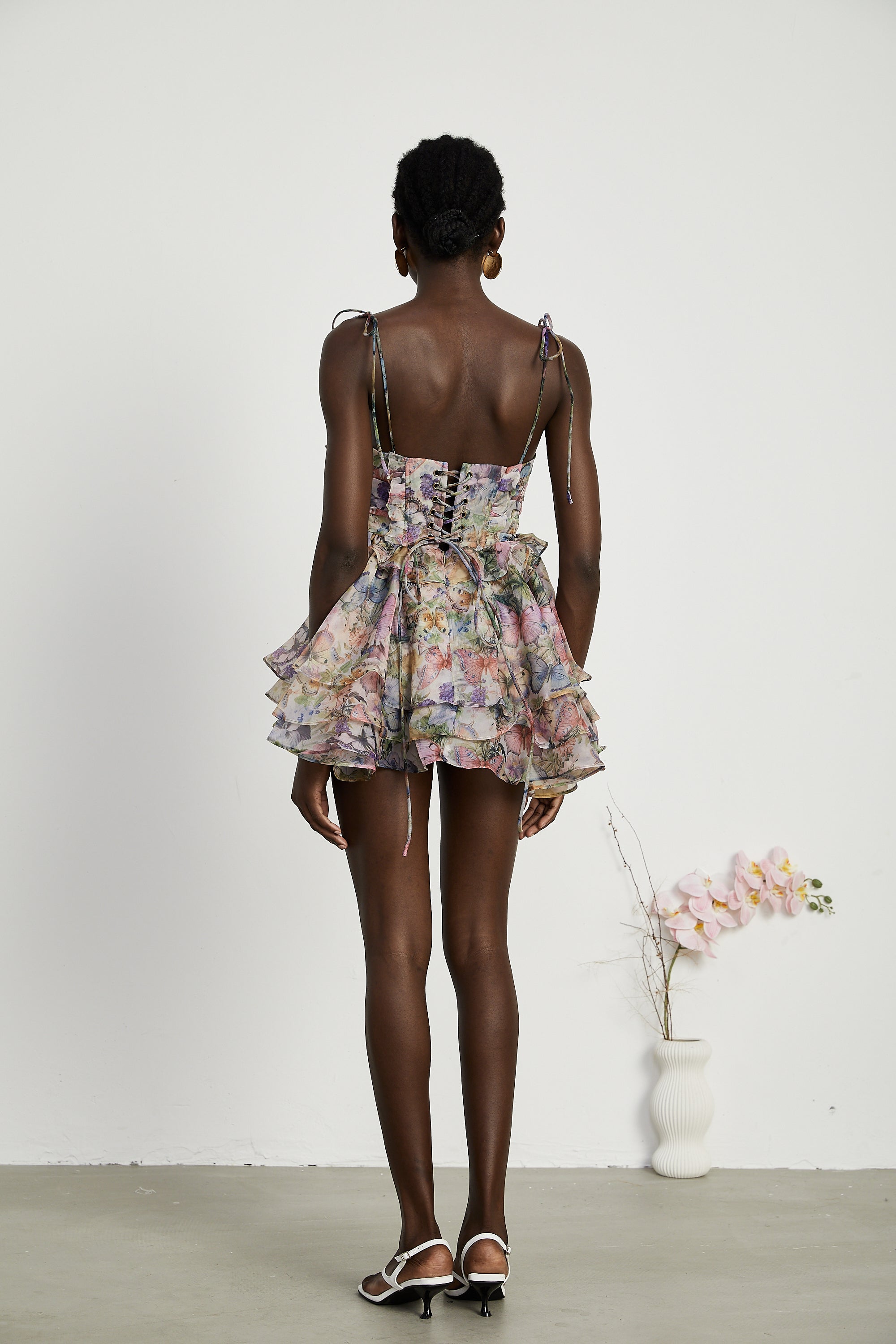 Multicolor Butterfly Print Mini Dress with Ruffle Hem for Women - Diletta