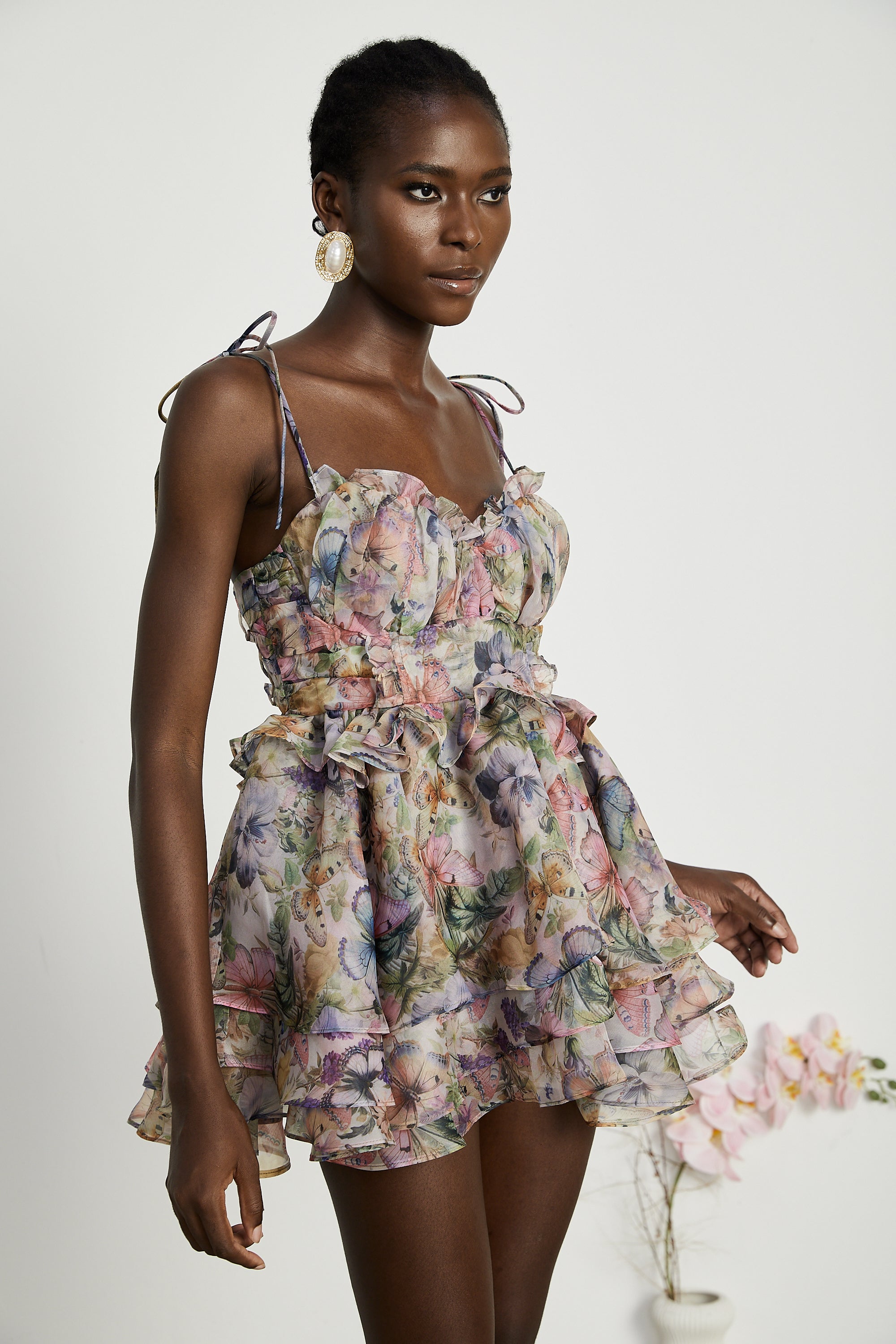 Multicolor Butterfly Print Mini Dress with Ruffle Hem for Women - Diletta
