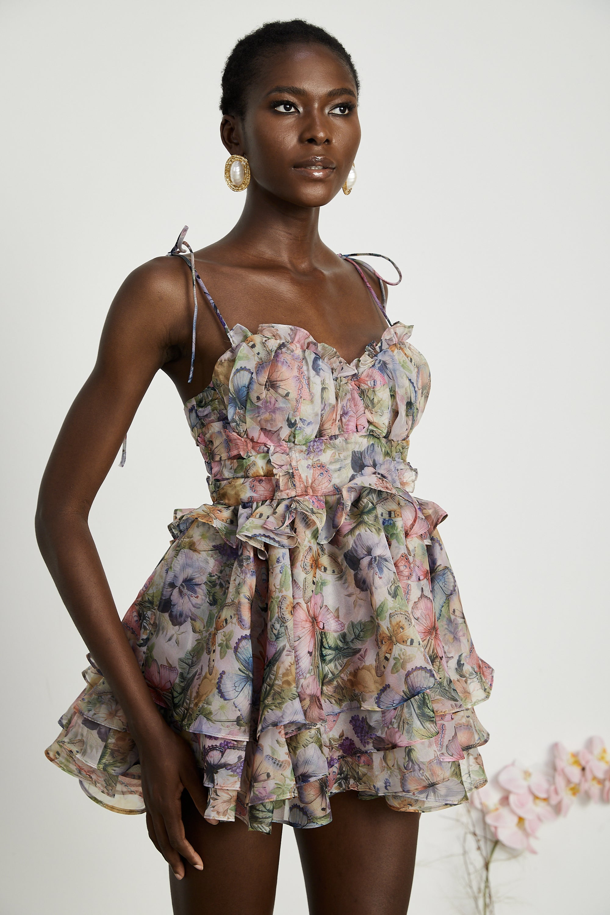 Multicolor Butterfly Print Mini Dress with Ruffle Hem for Women - Diletta