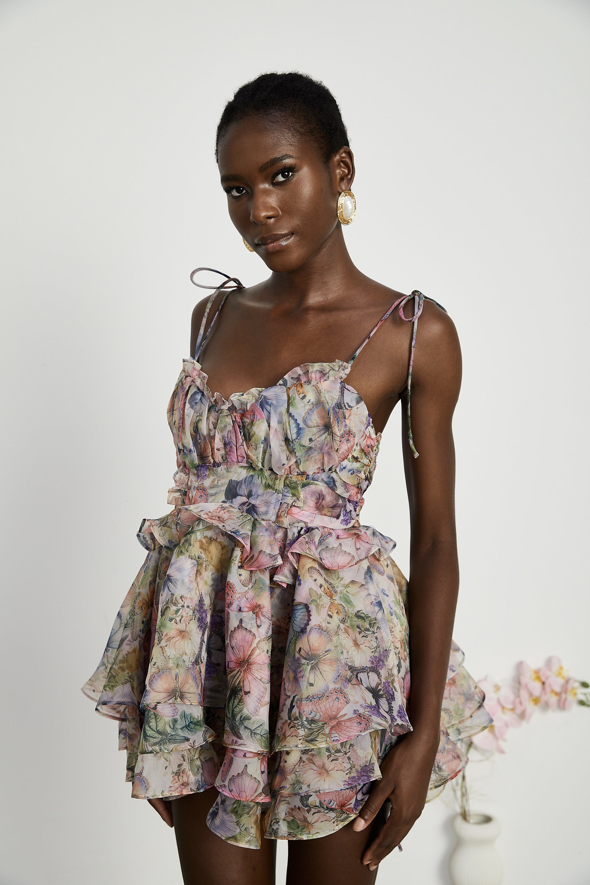 Multicolor Butterfly Print Mini Dress with Ruffle Hem for Women - Diletta