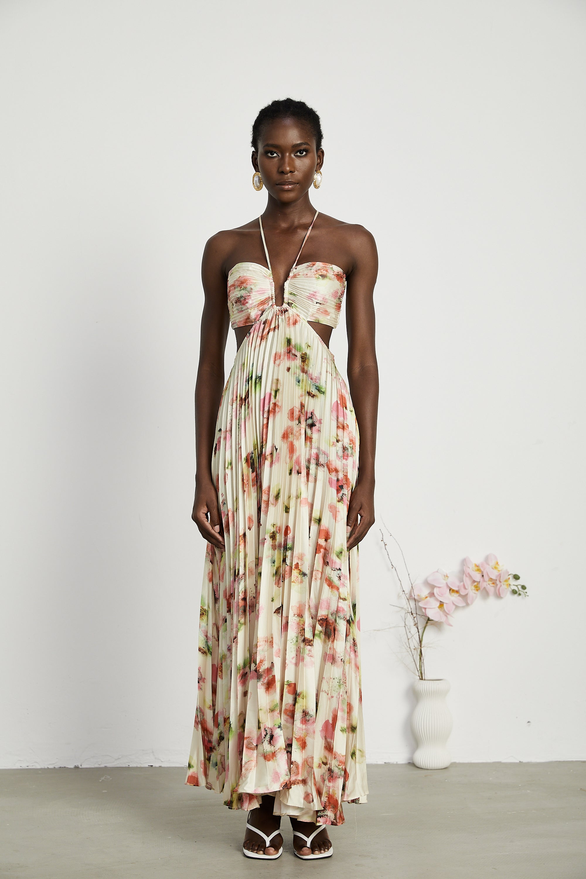 Floral Print Pleated Halter Maxi Dress in Ivory for Women - Marta