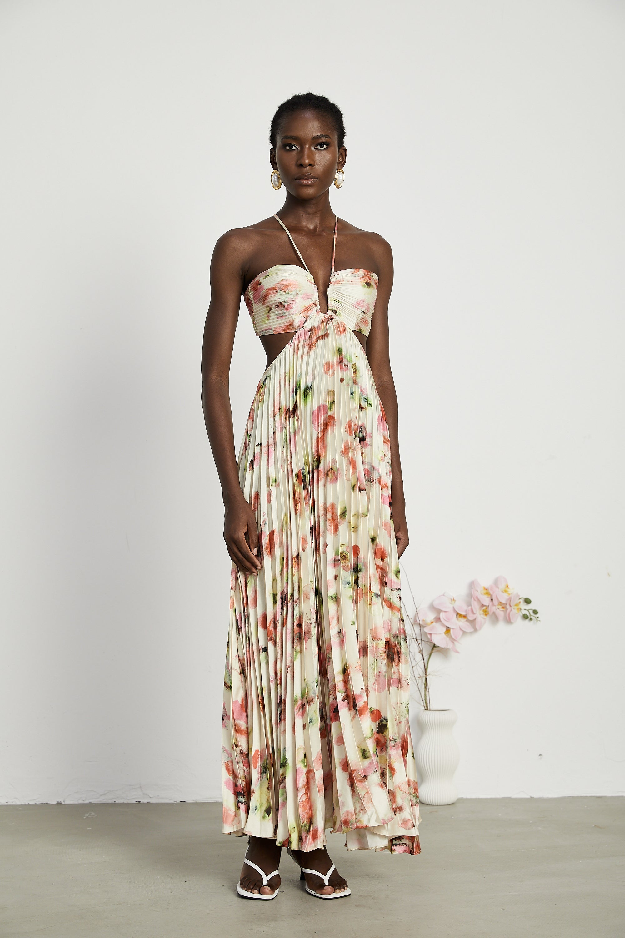 Floral Print Pleated Halter Maxi Dress in Ivory for Women - Marta