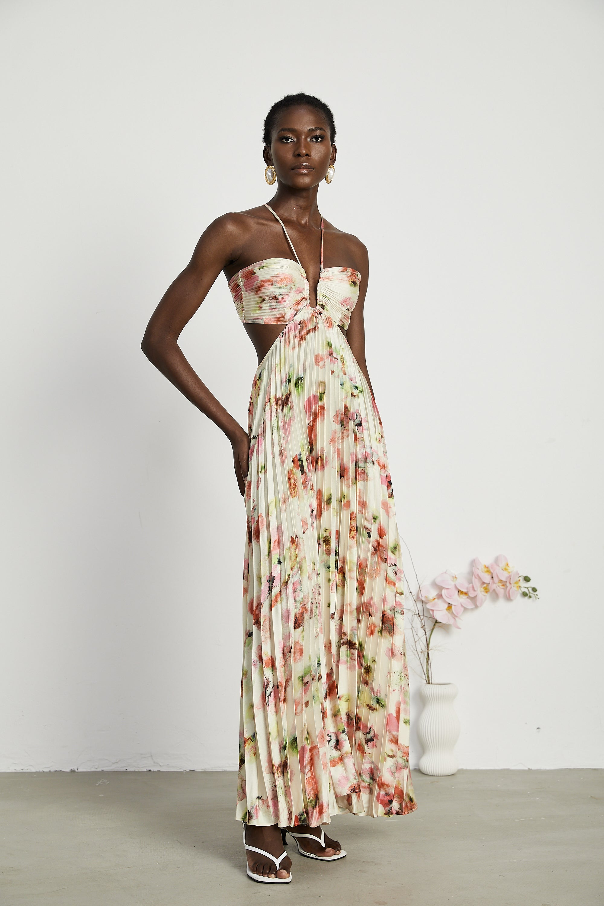 Floral Print Pleated Halter Maxi Dress in Ivory for Women - Marta