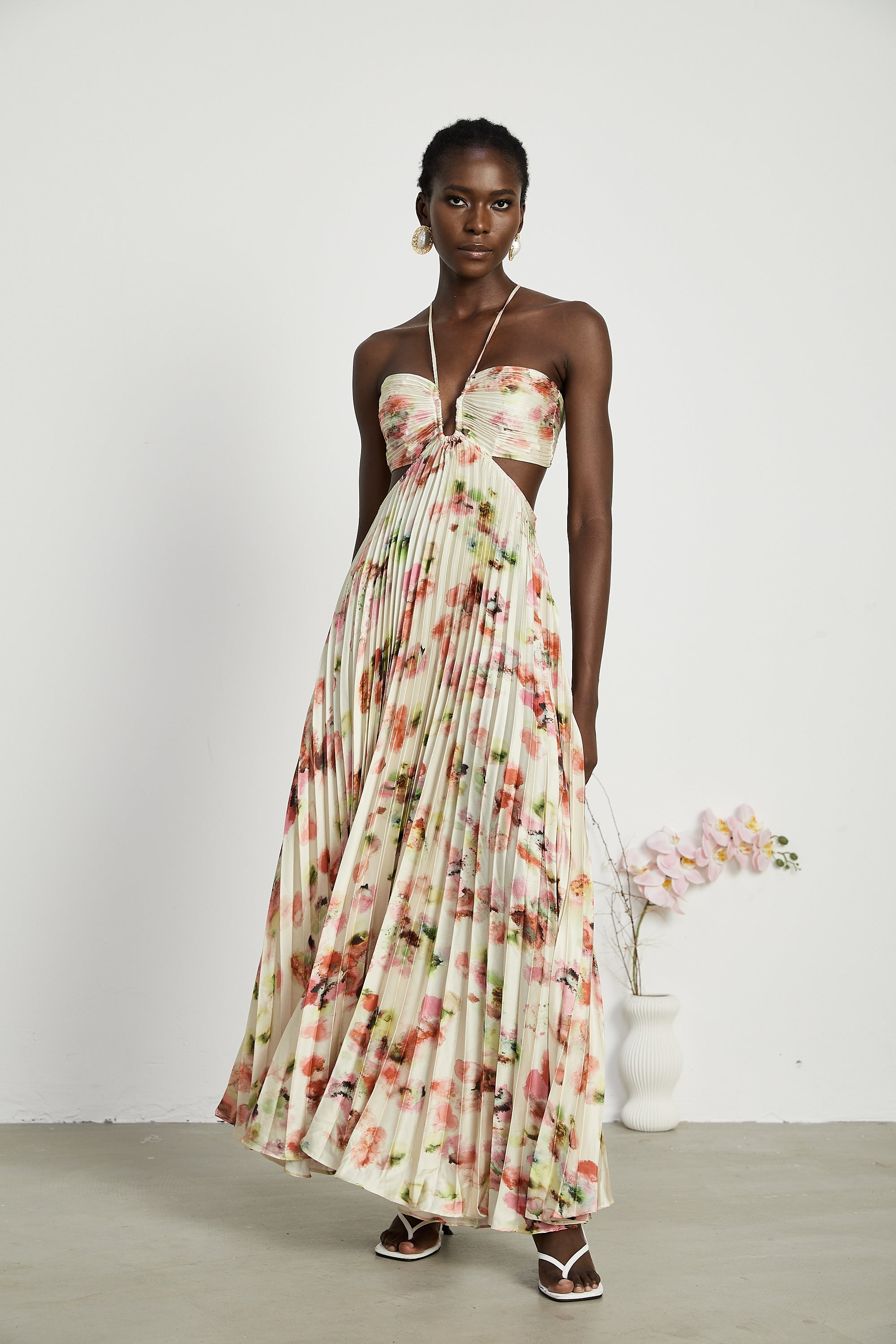 Floral Print Pleated Halter Maxi Dress in Ivory for Women - Marta