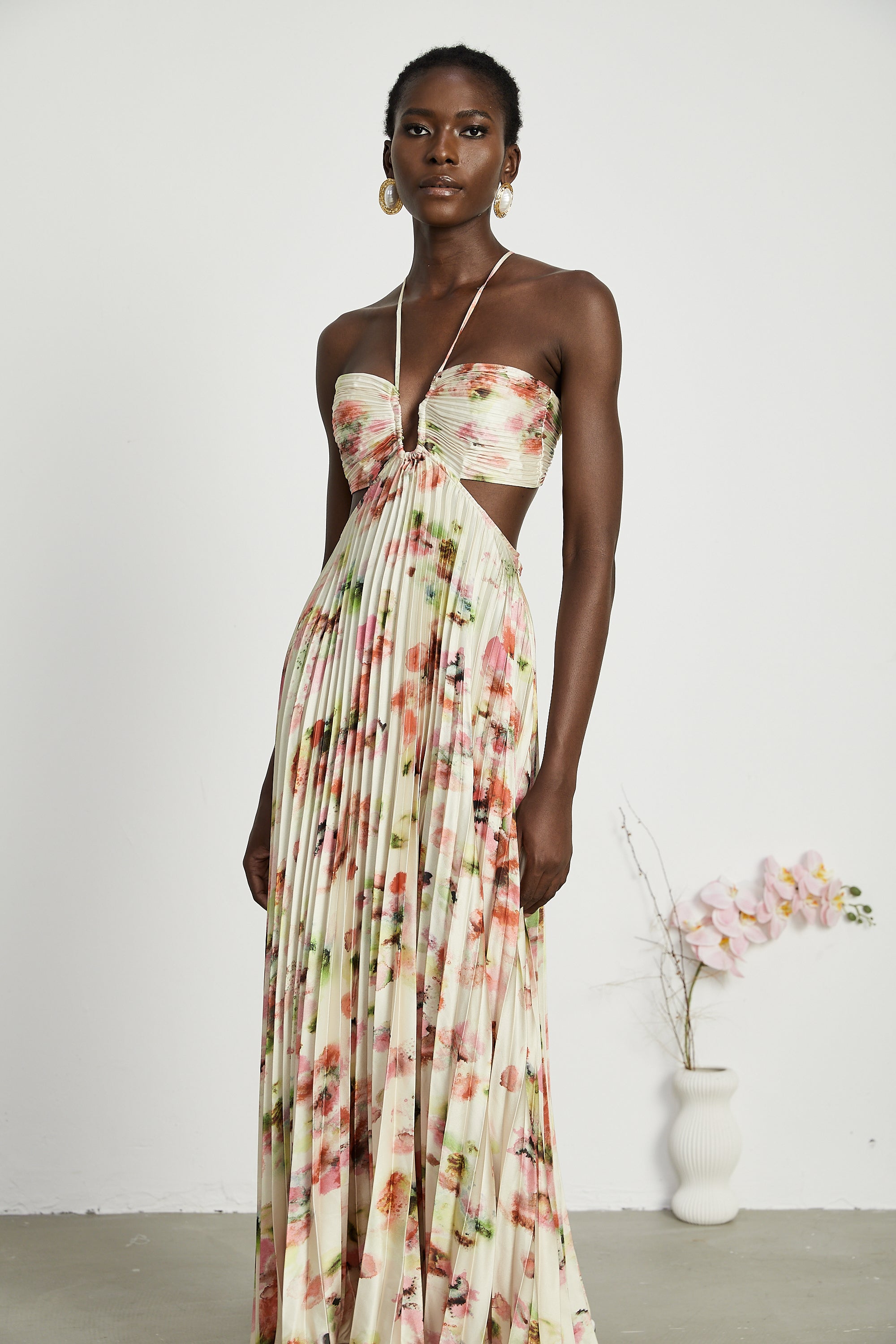 Floral Print Pleated Halter Maxi Dress in Ivory for Women - Marta