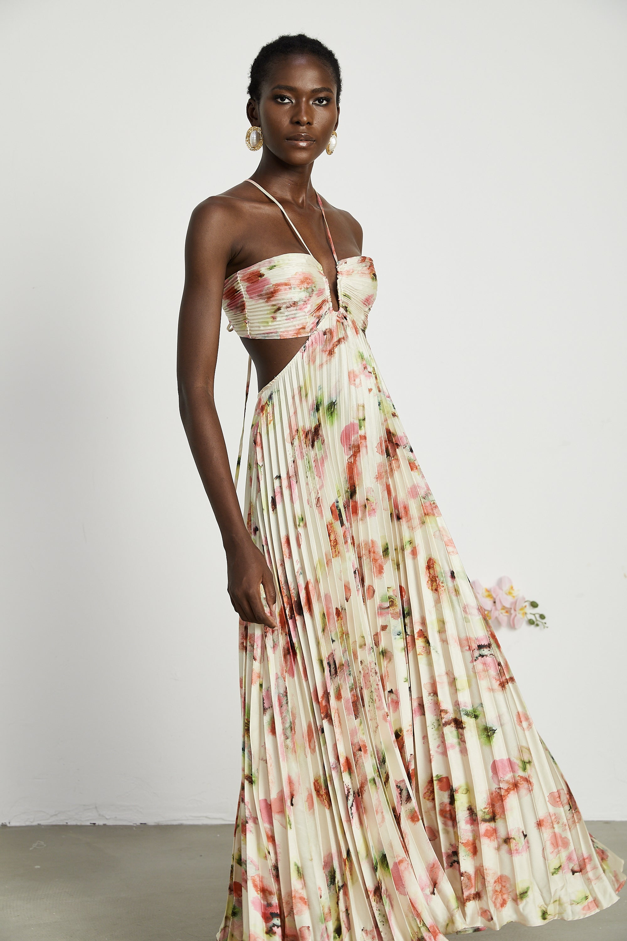 Floral Print Pleated Halter Maxi Dress in Ivory for Women - Marta