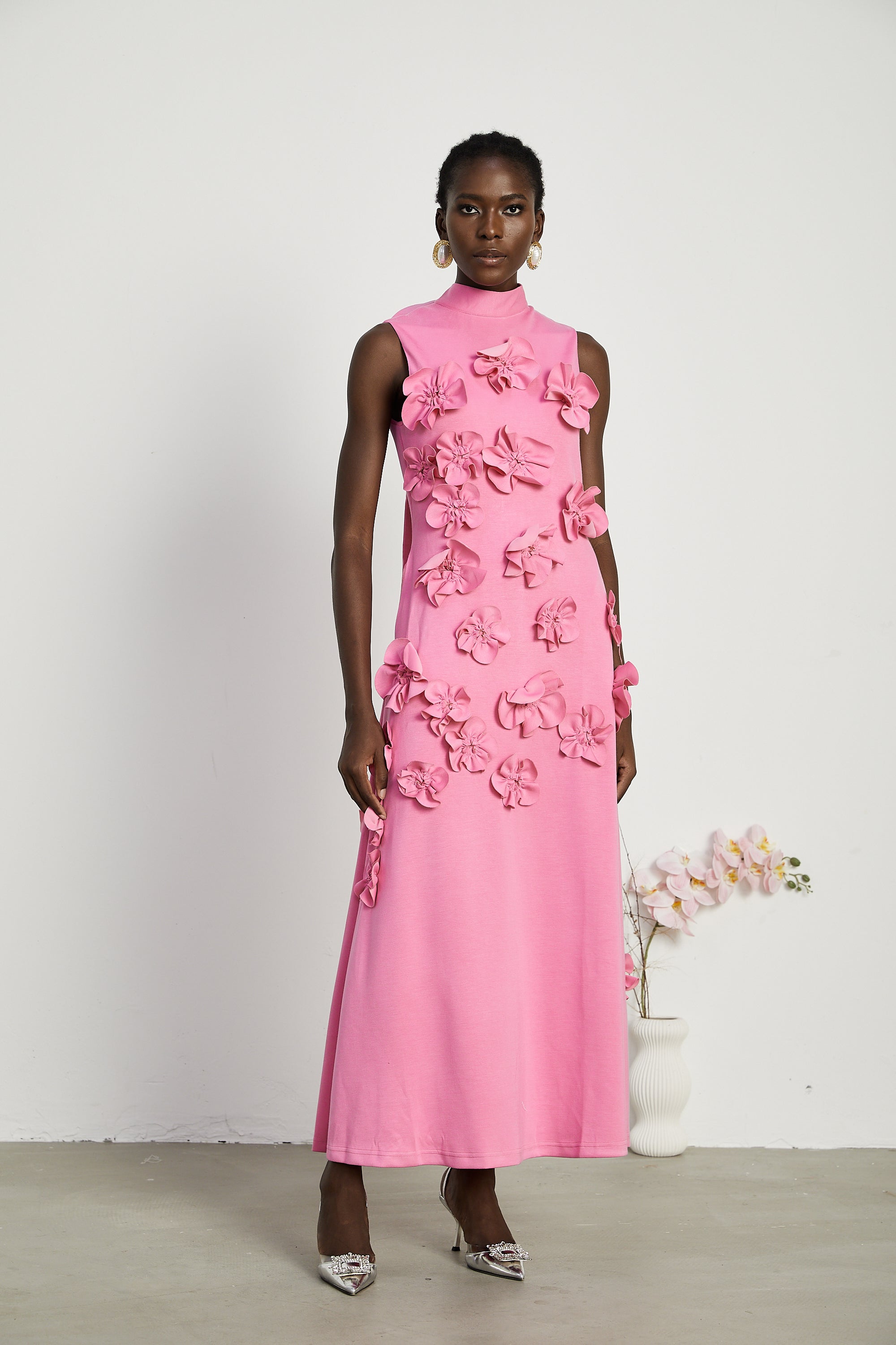 Pink Maxi Dress with 3D Floral Appliqué for Women - Viola