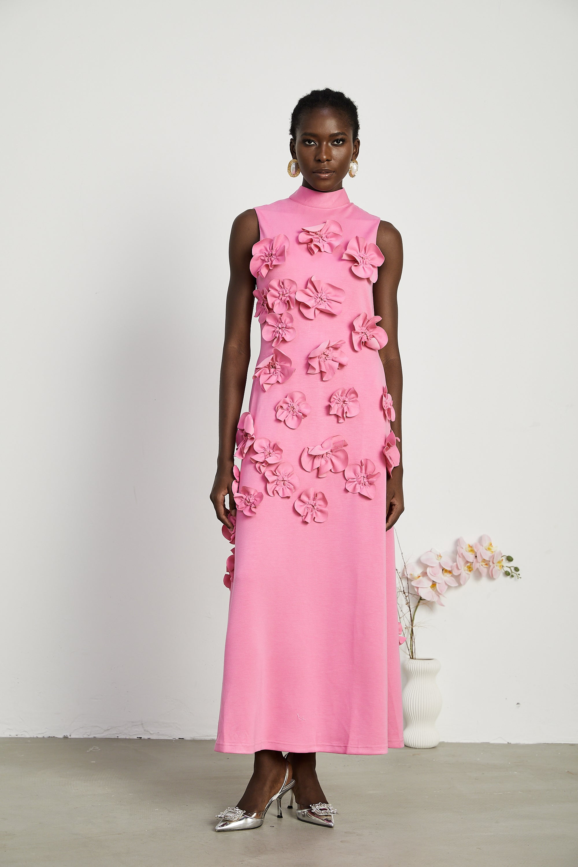 Pink Maxi Dress with 3D Floral Appliqué for Women - Viola