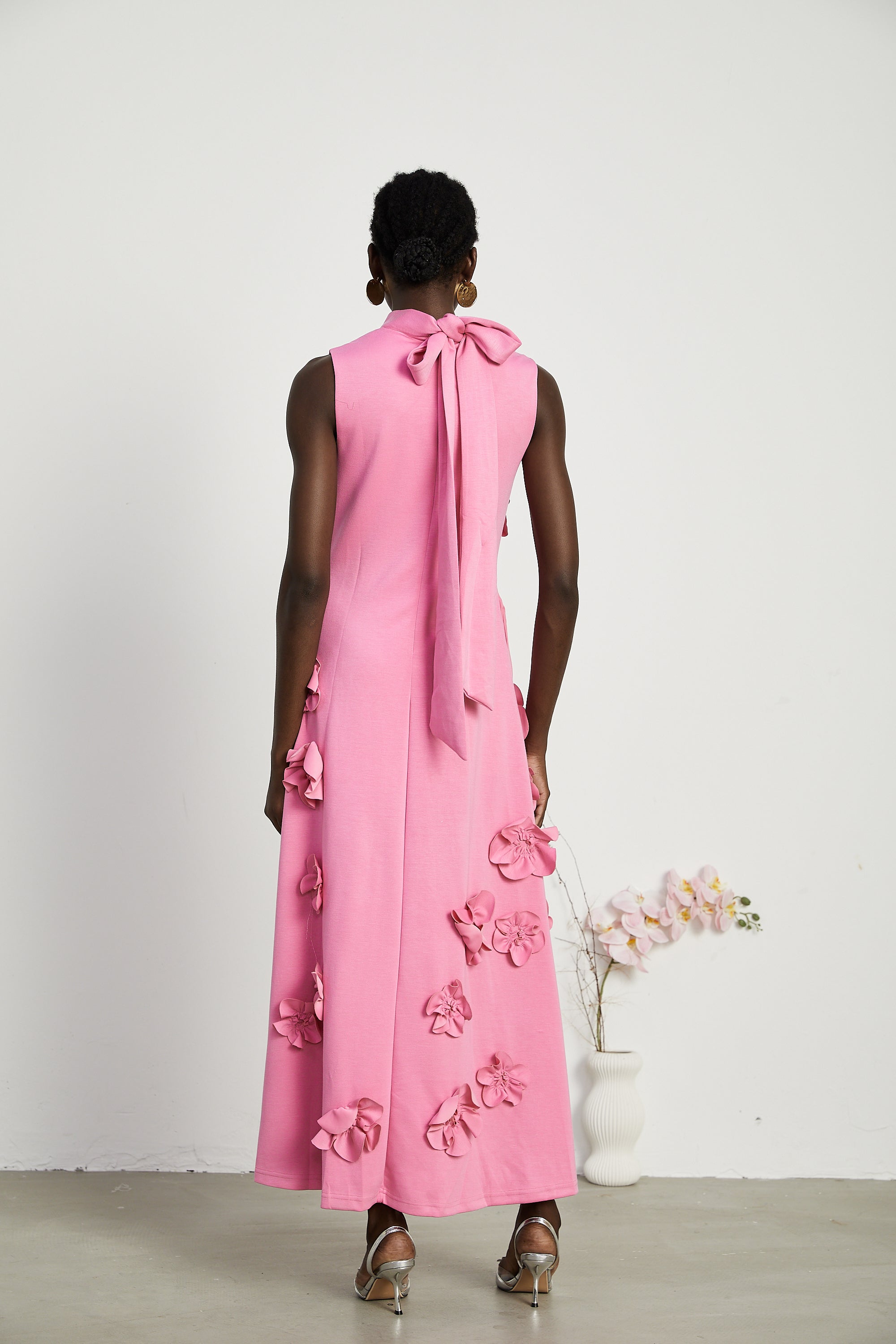 Pink Maxi Dress with 3D Floral Appliqué for Women - Viola