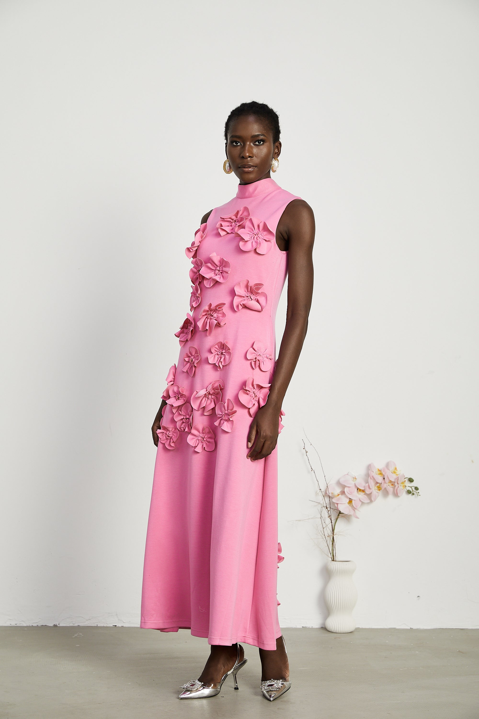 Pink Maxi Dress with 3D Floral Appliqué for Women - Viola