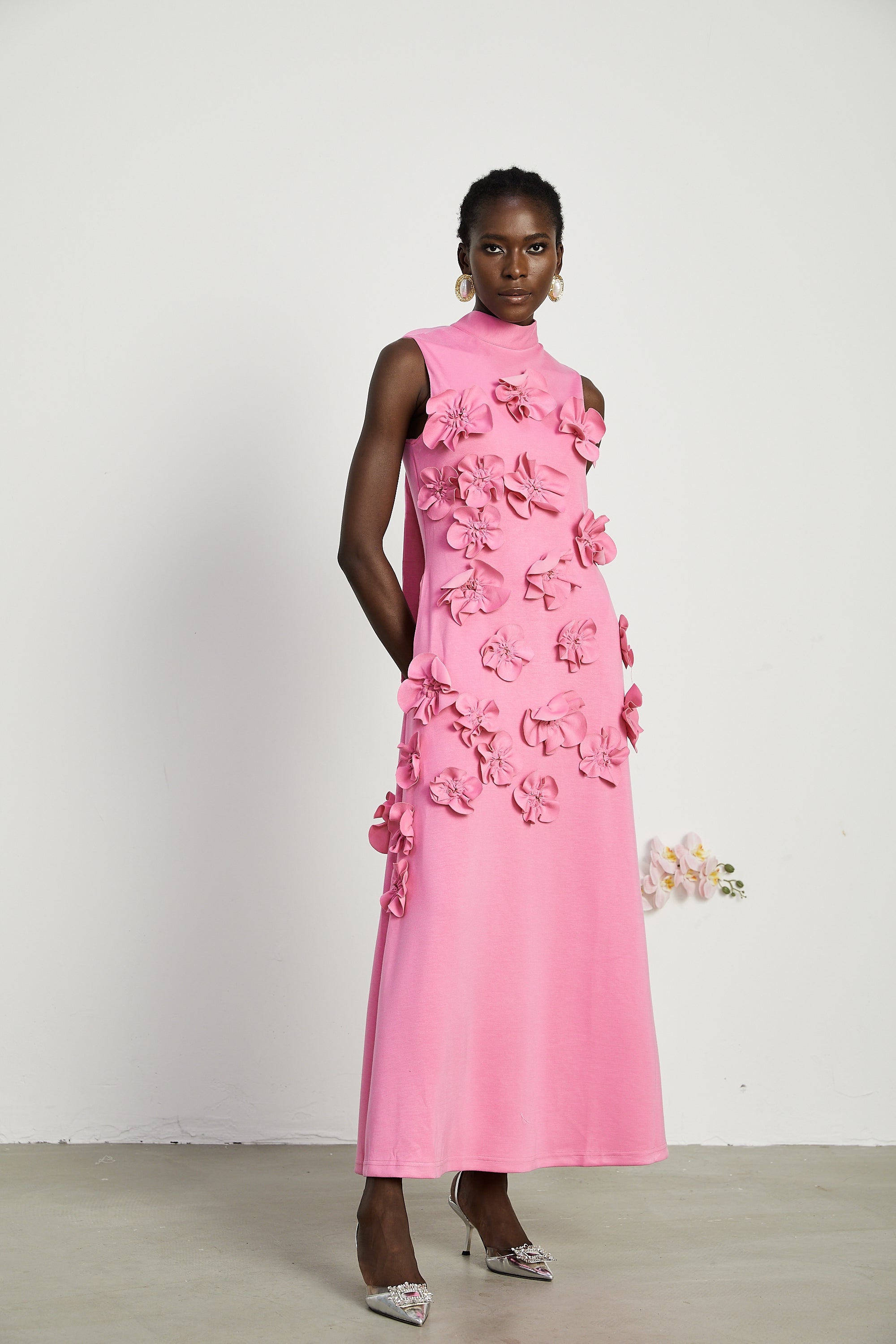 Pink Maxi Dress with 3D Floral Appliqué for Women - Viola