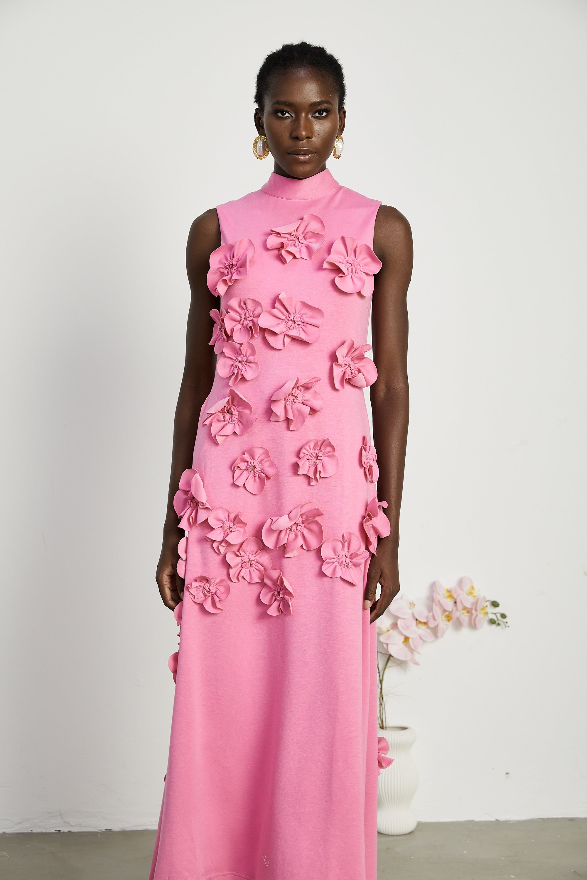 Pink Maxi Dress with 3D Floral Appliqué for Women - Viola