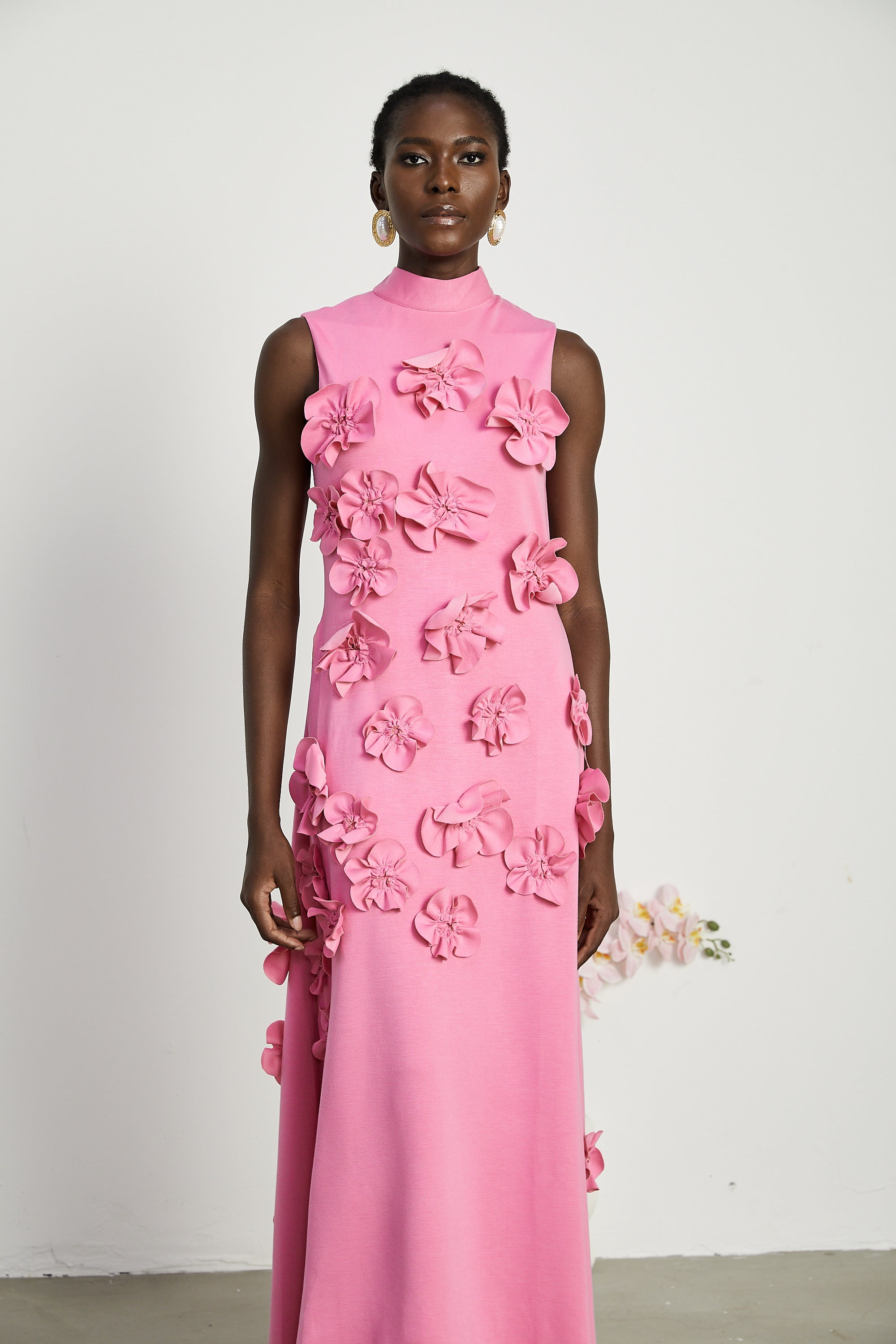 Pink Maxi Dress with 3D Floral Appliqué for Women - Viola
