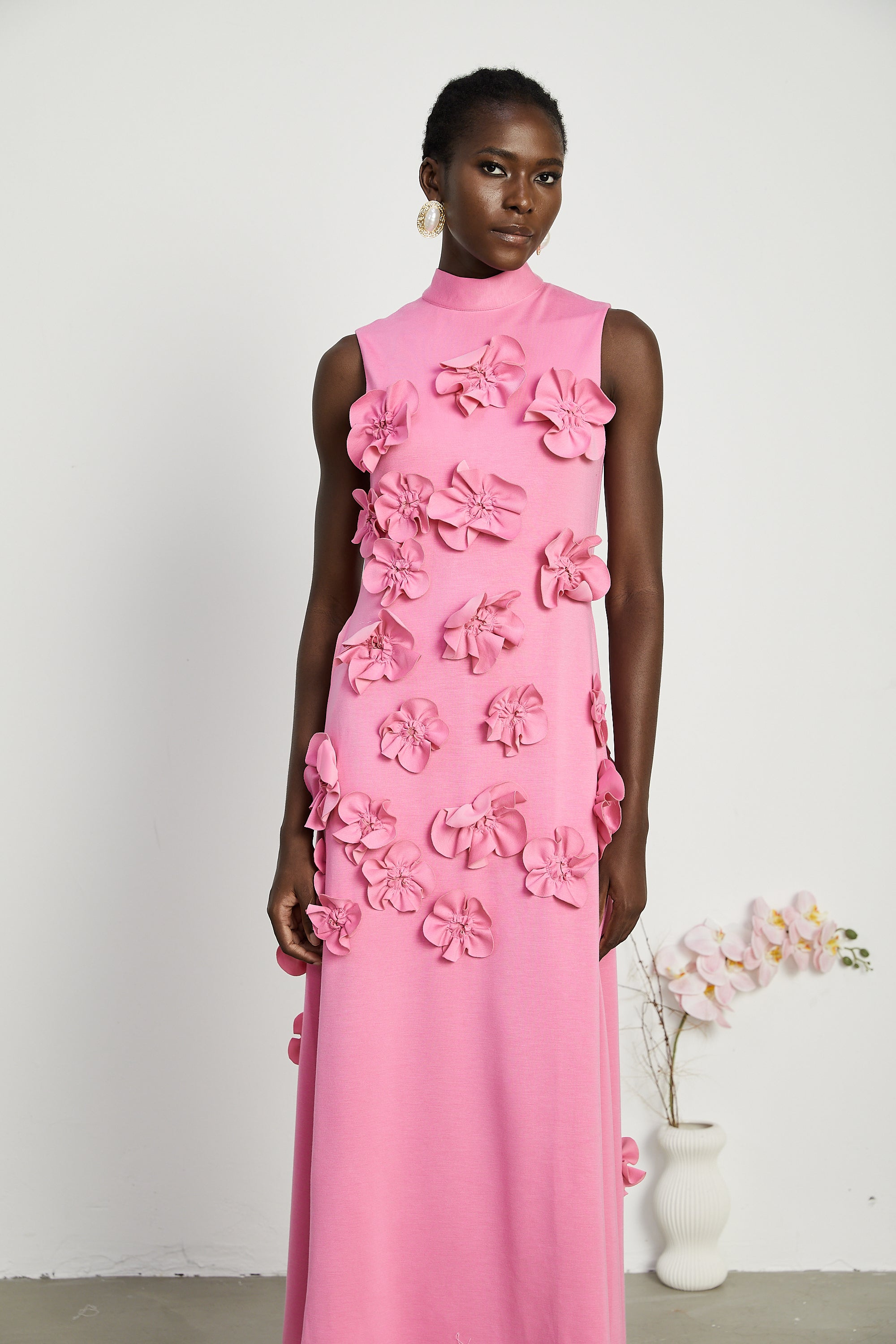 Pink Maxi Dress with 3D Floral Appliqué for Women - Viola