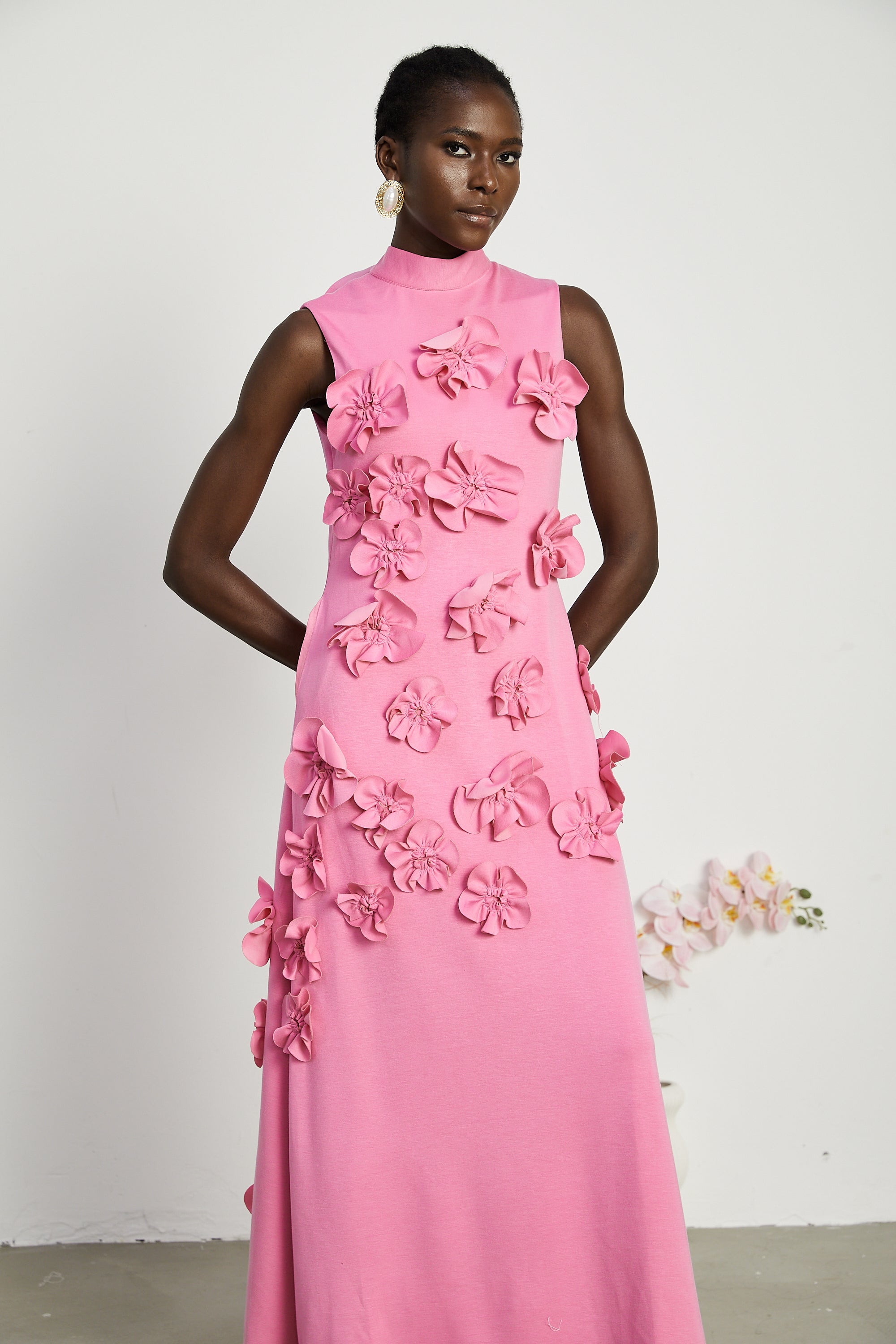 Pink Maxi Dress with 3D Floral Appliqué for Women - Viola