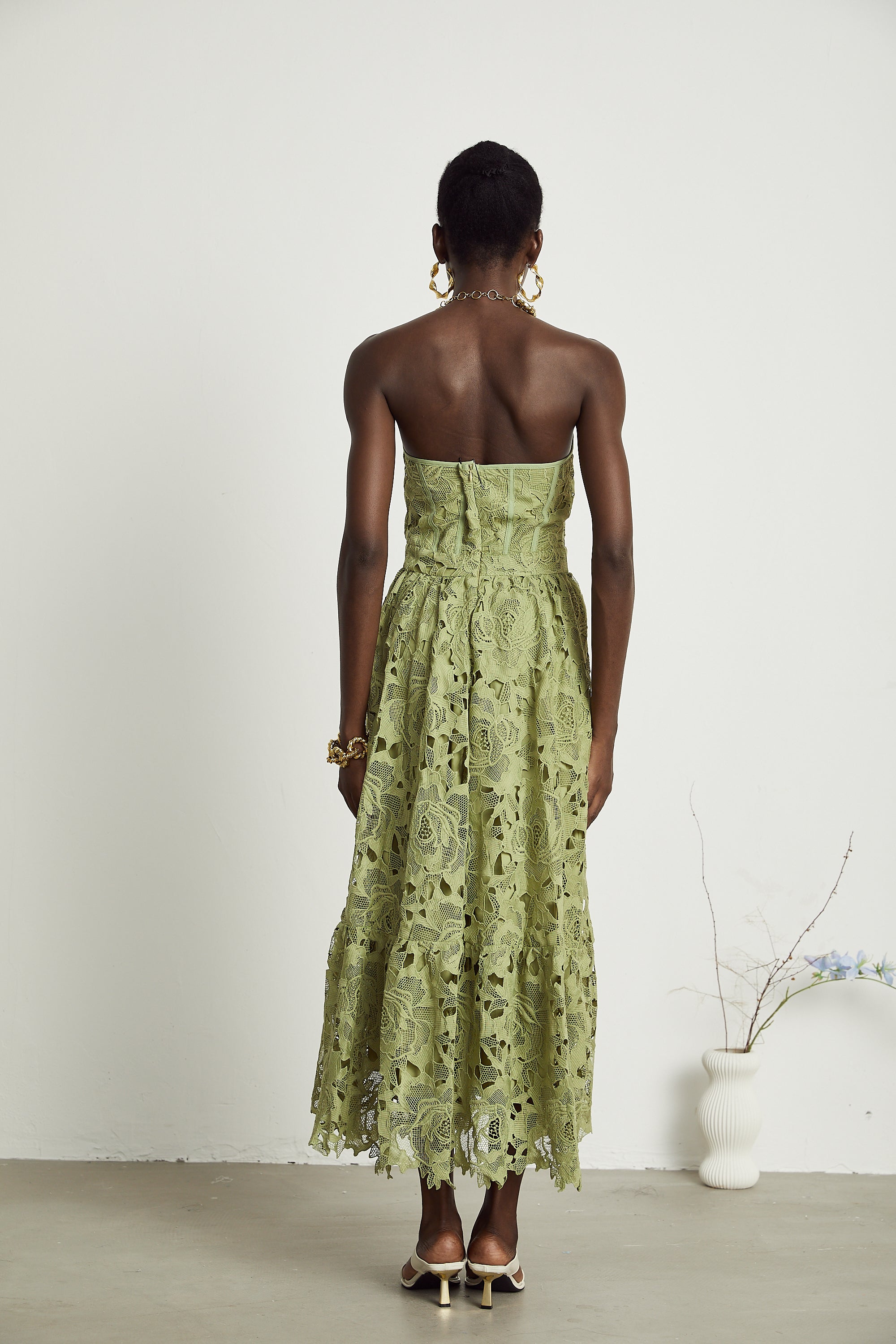 Sage Green Lace Strapless Maxi Dress with Flared Skirt for Women - Rosa