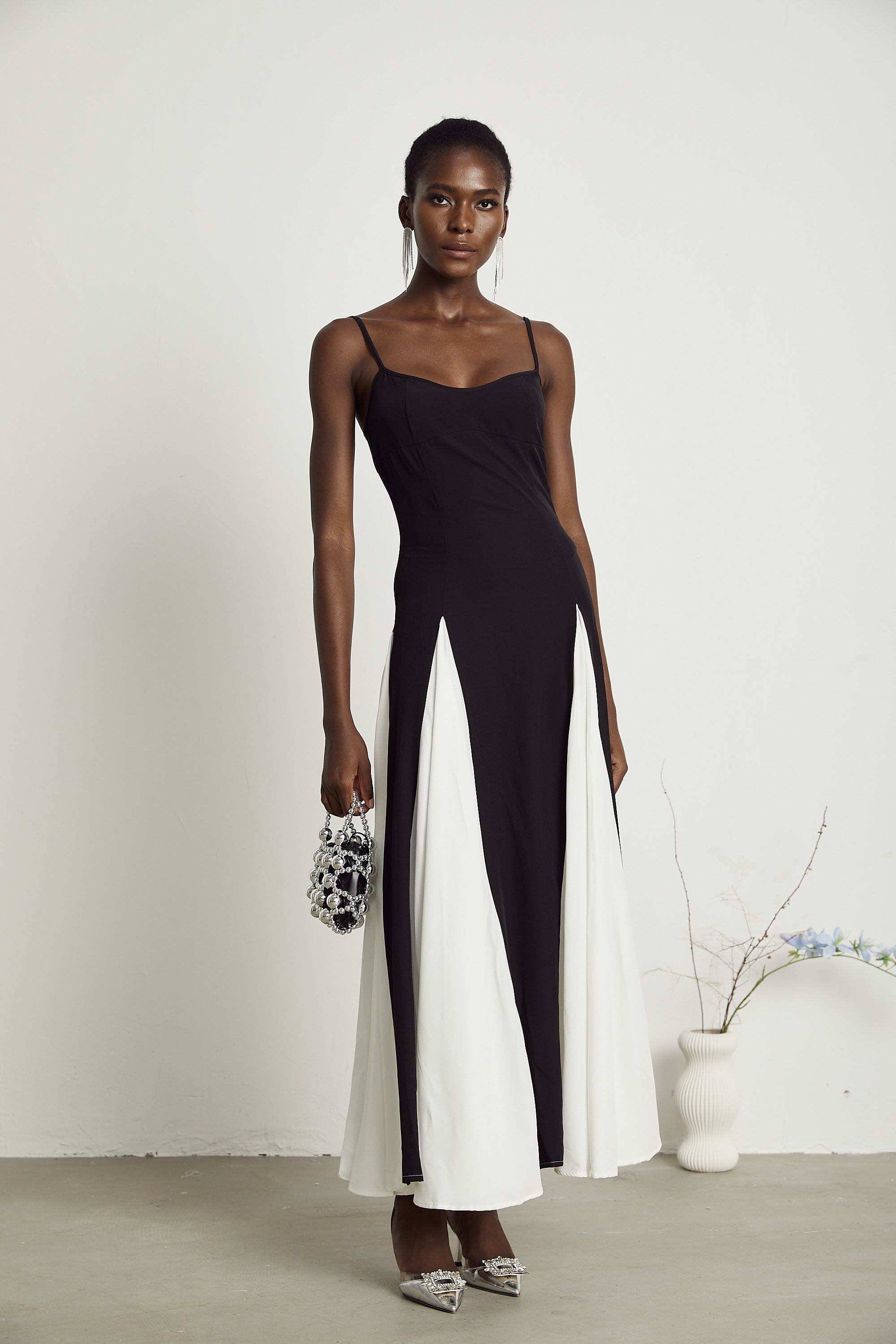 Black and White Spaghetti Strap Maxi Dress with Side Slit for Women - Alessandra