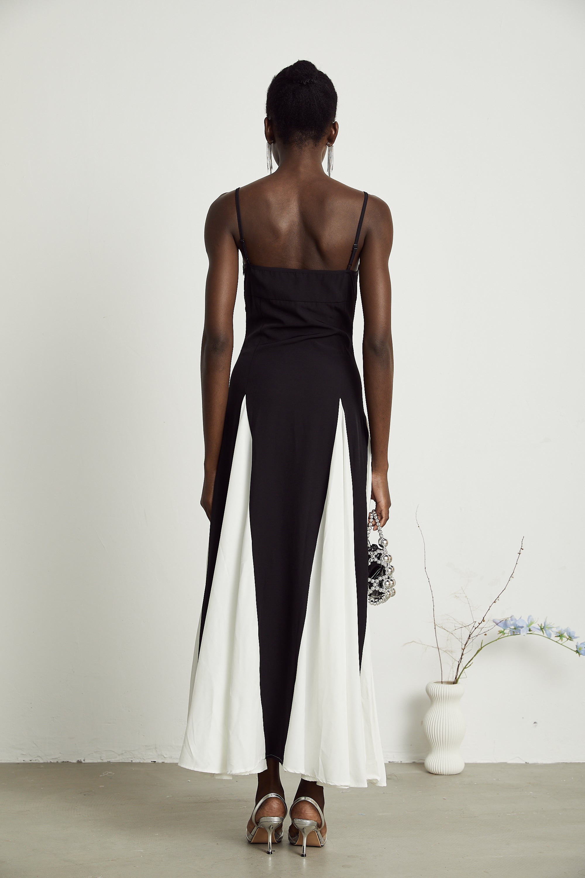 Black and White Spaghetti Strap Maxi Dress with Side Slit for Women - Alessandra