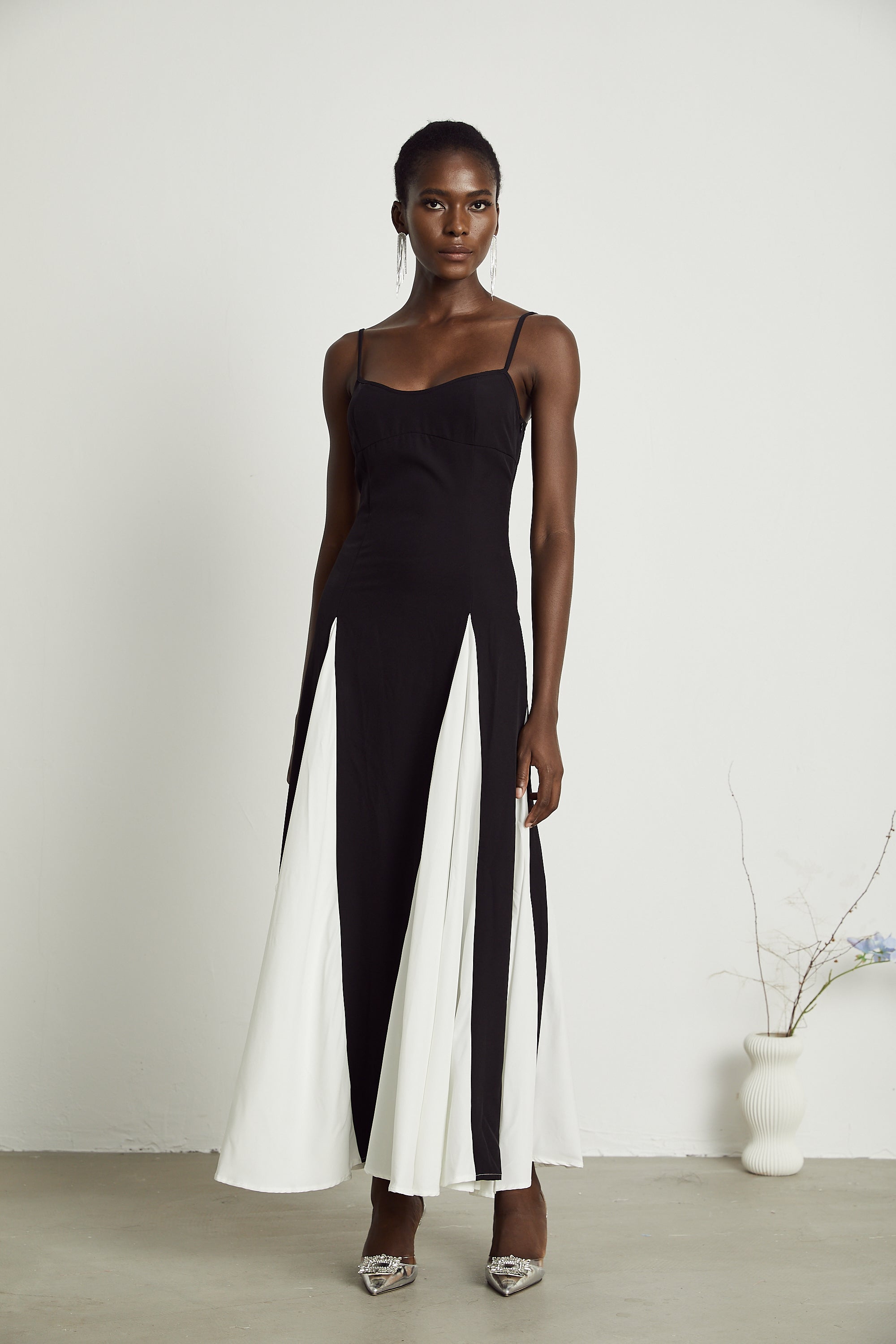 Black and White Spaghetti Strap Maxi Dress with Side Slit for Women - Alessandra