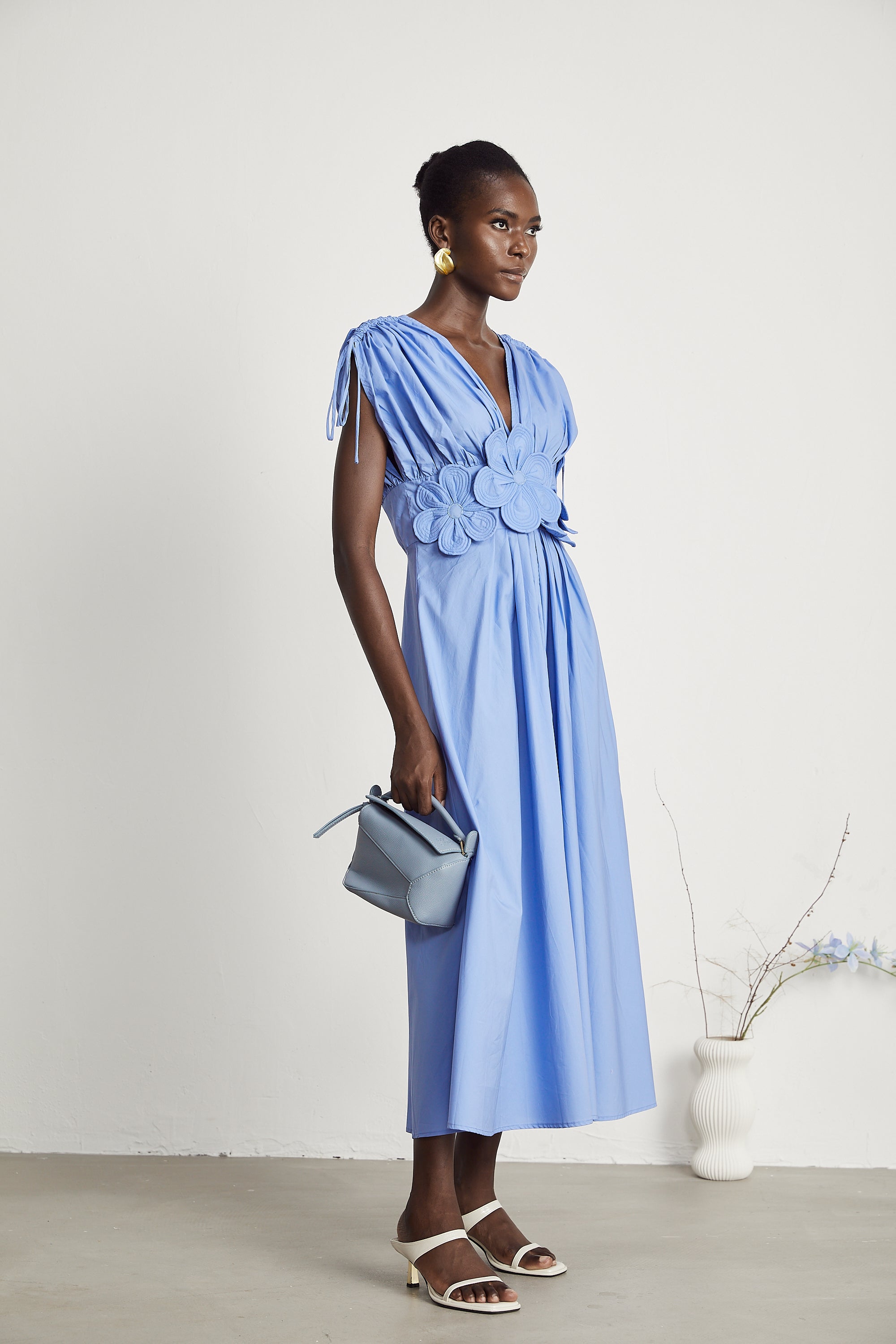 Sky Blue Maxi Dress with Floral Waist Detail for Women - Eva