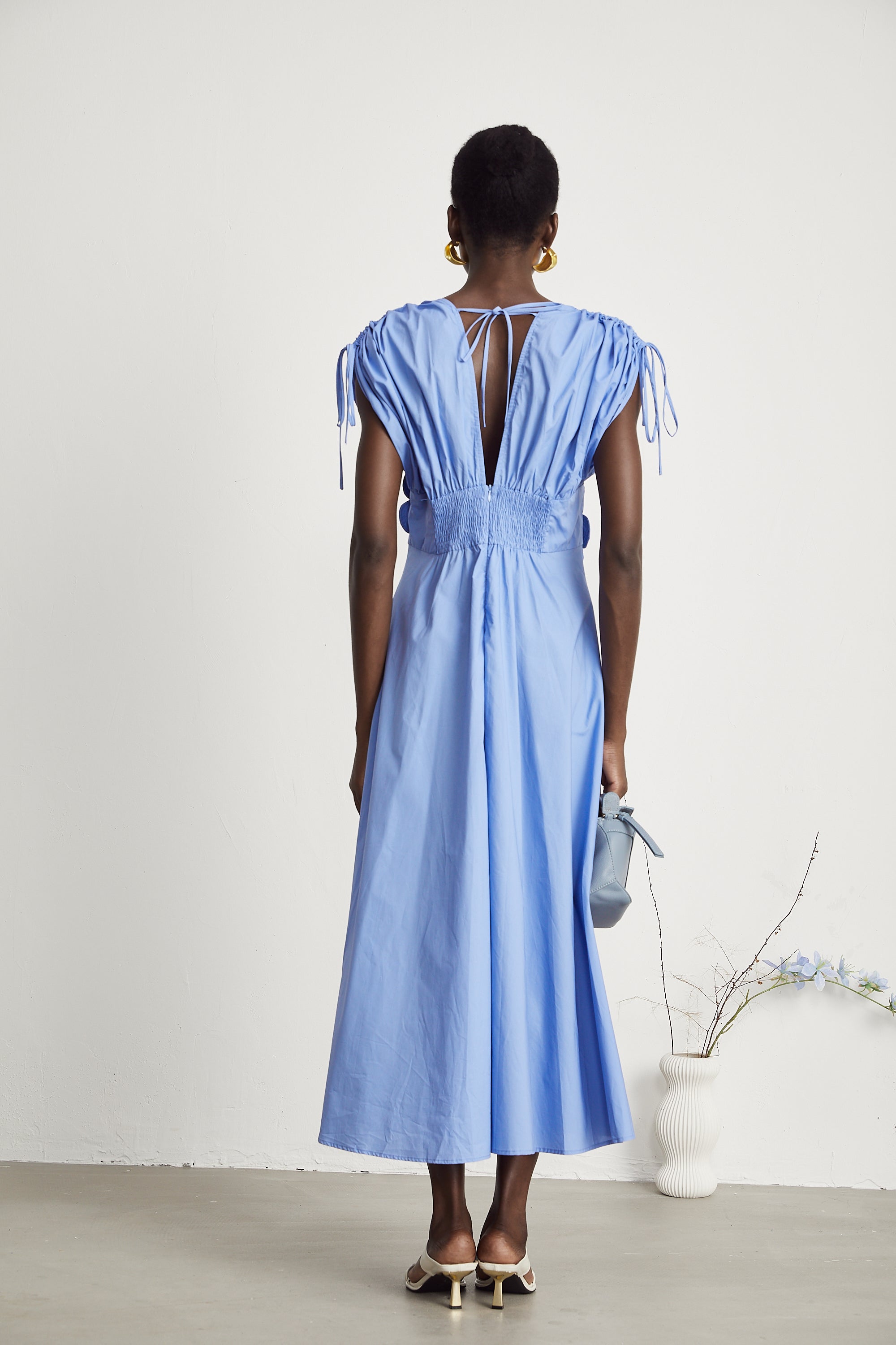 Sky Blue Maxi Dress with Floral Waist Detail for Women - Eva