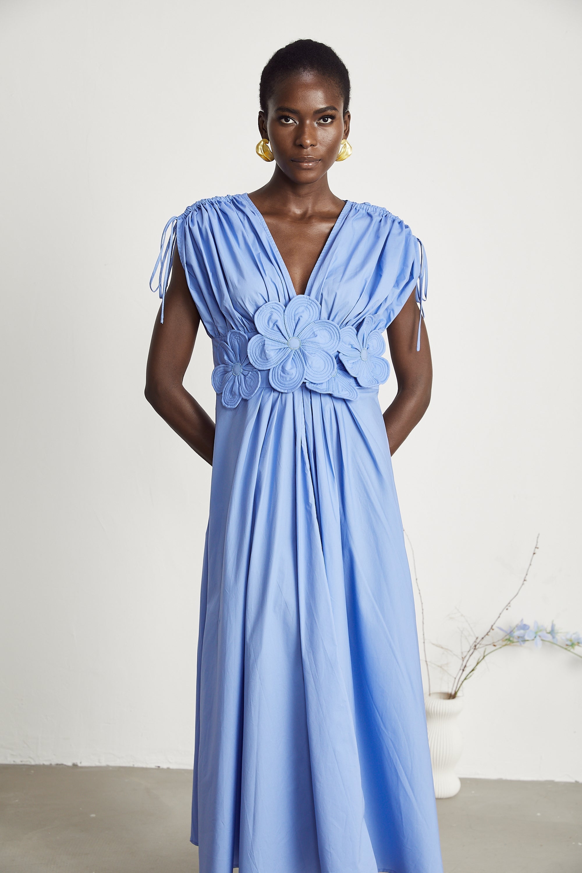 Sky Blue Maxi Dress with Floral Waist Detail for Women - Eva