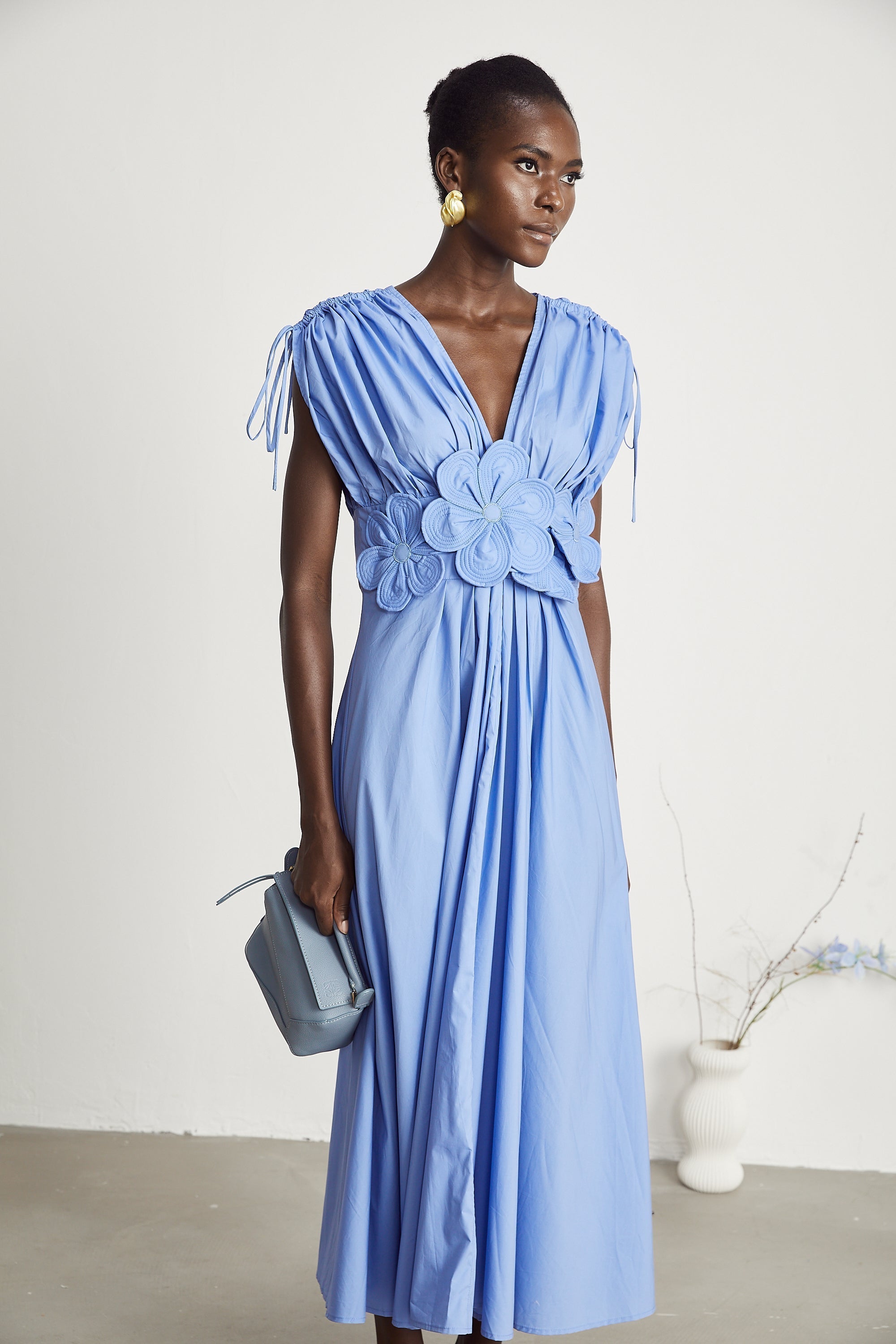 Sky Blue Maxi Dress with Floral Waist Detail for Women - Eva