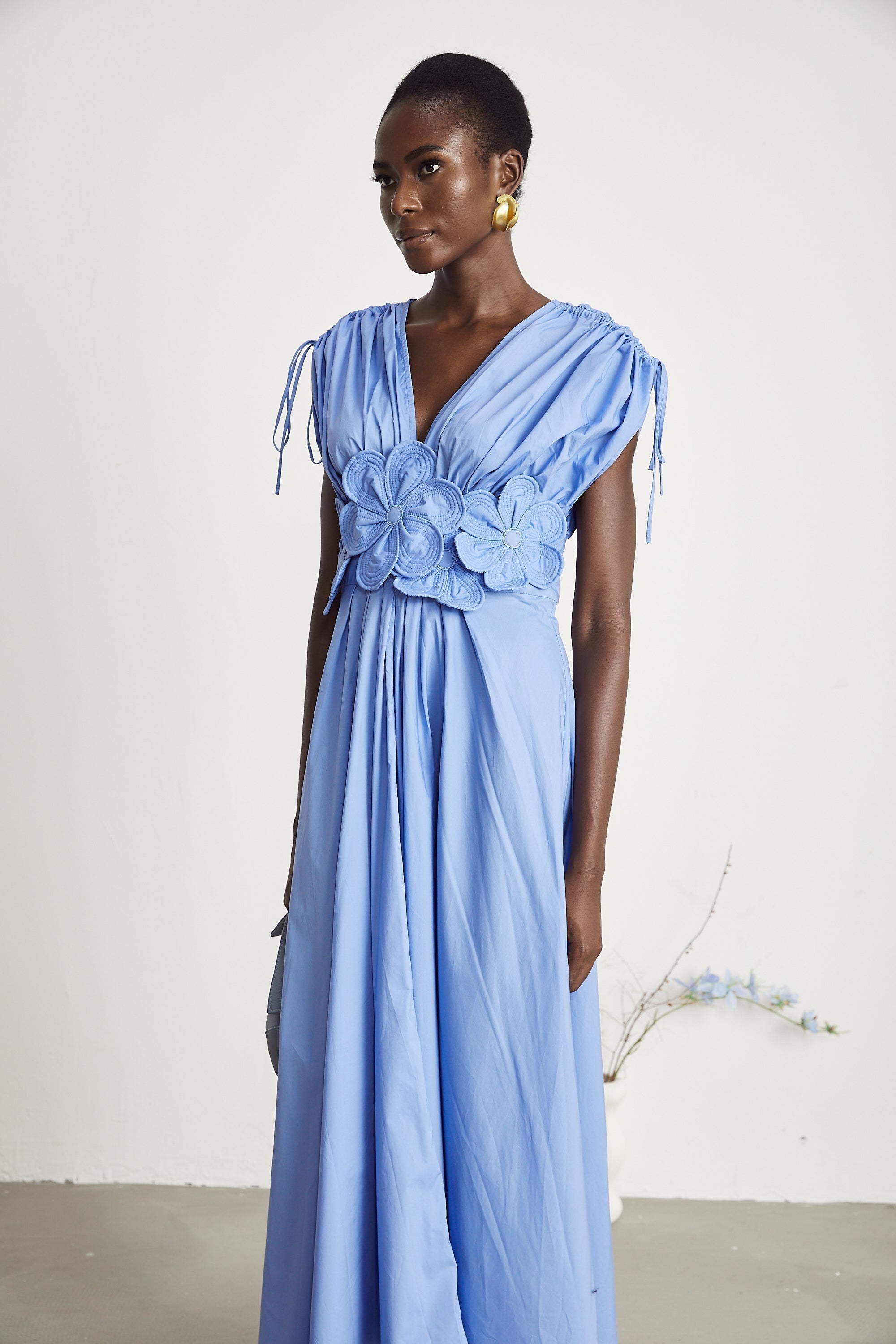 Sky Blue Maxi Dress with Floral Waist Detail for Women - Eva