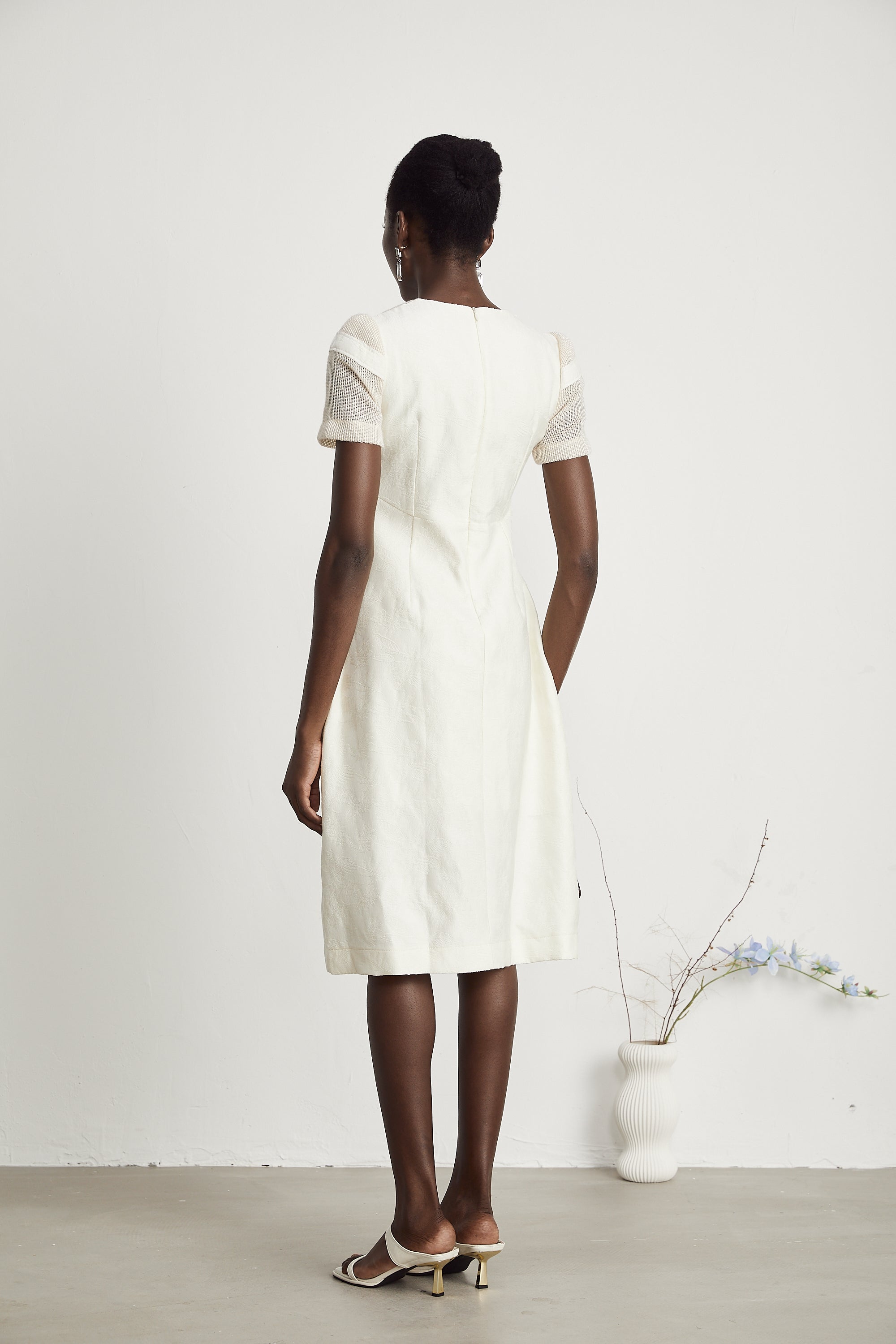 Ivory Mesh Panel Midi Dress with Floral Embroidery for Women - Liliana