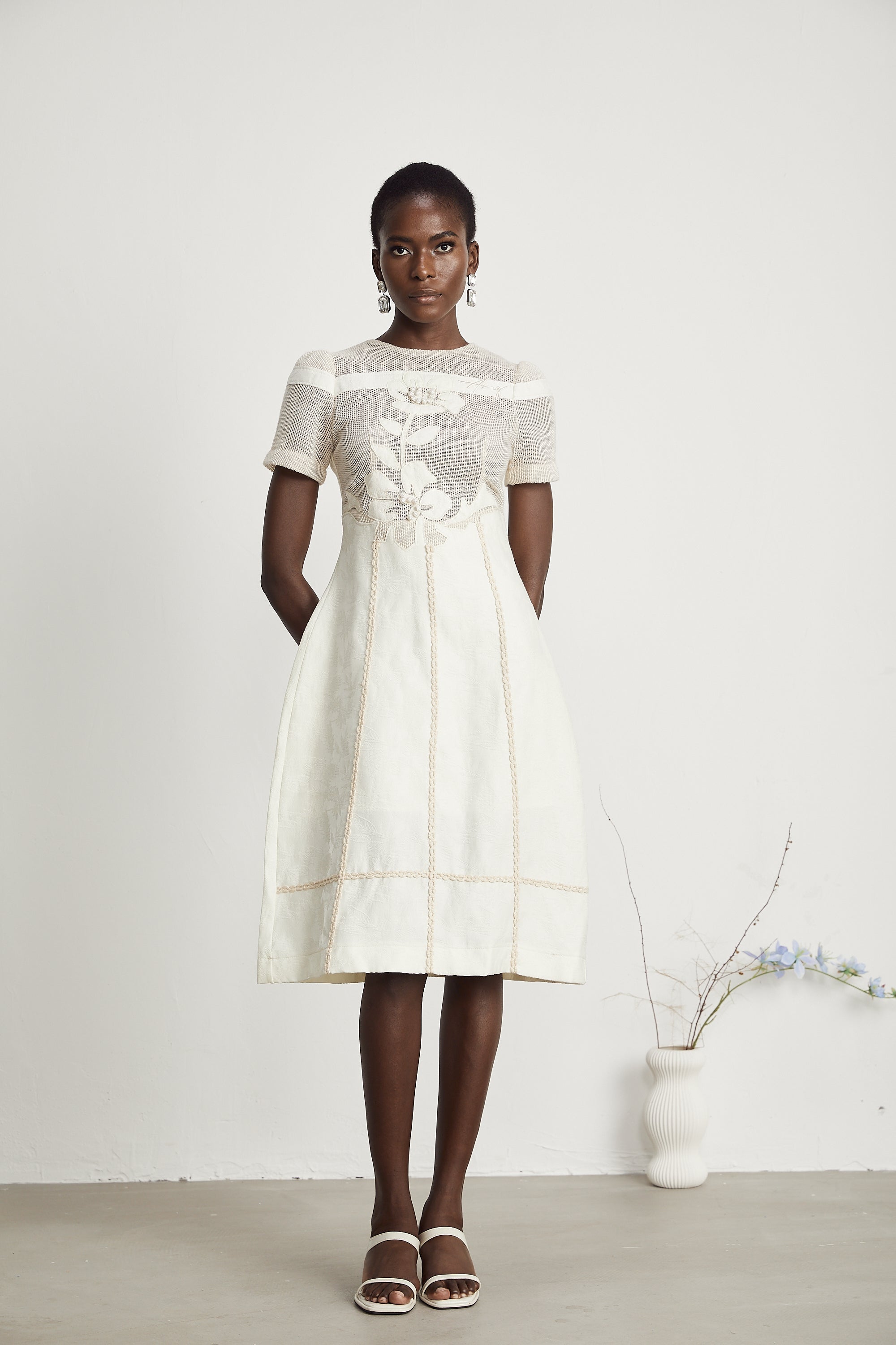 Ivory Mesh Panel Midi Dress with Floral Embroidery for Women - Liliana