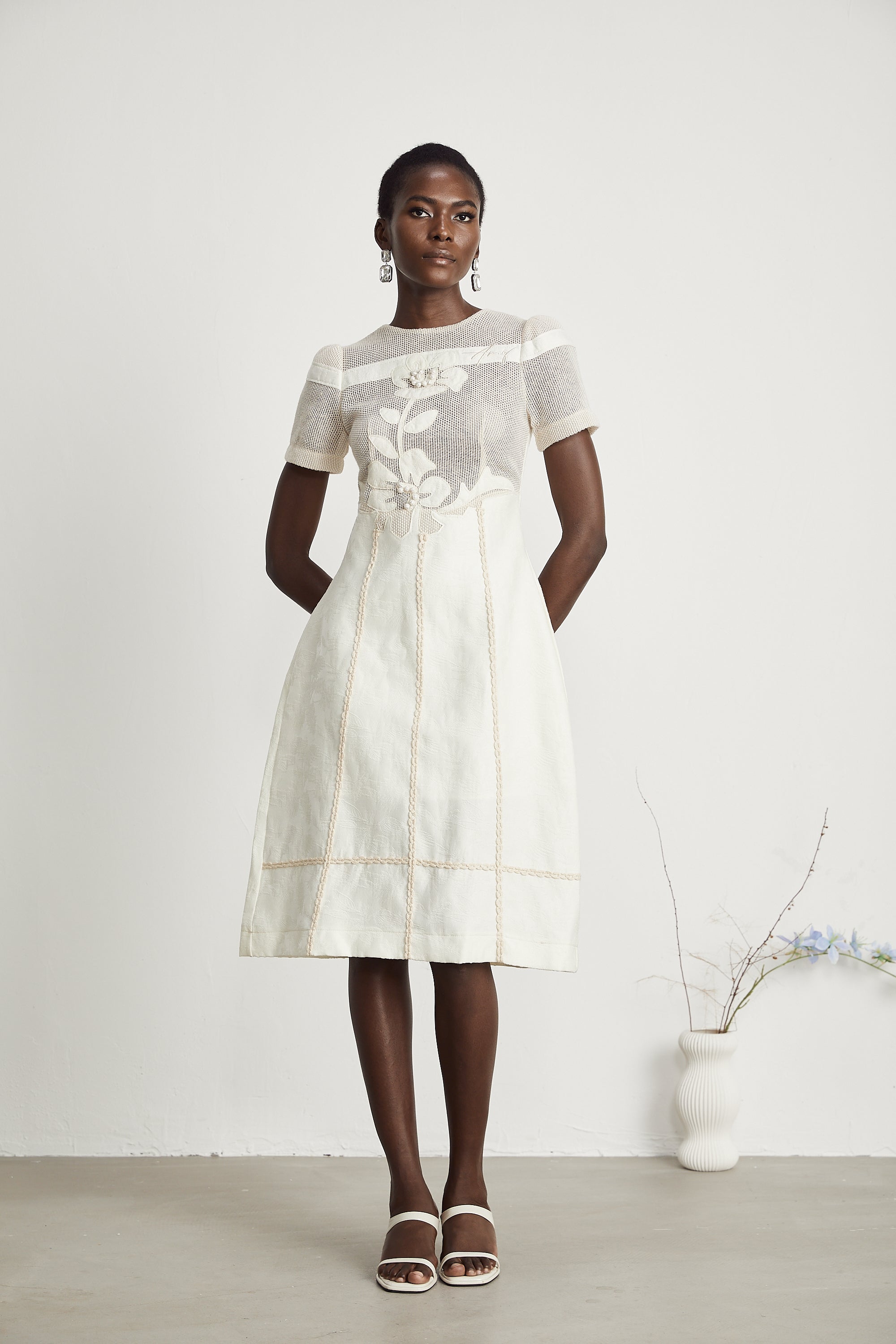 Ivory Mesh Panel Midi Dress with Floral Embroidery for Women - Liliana