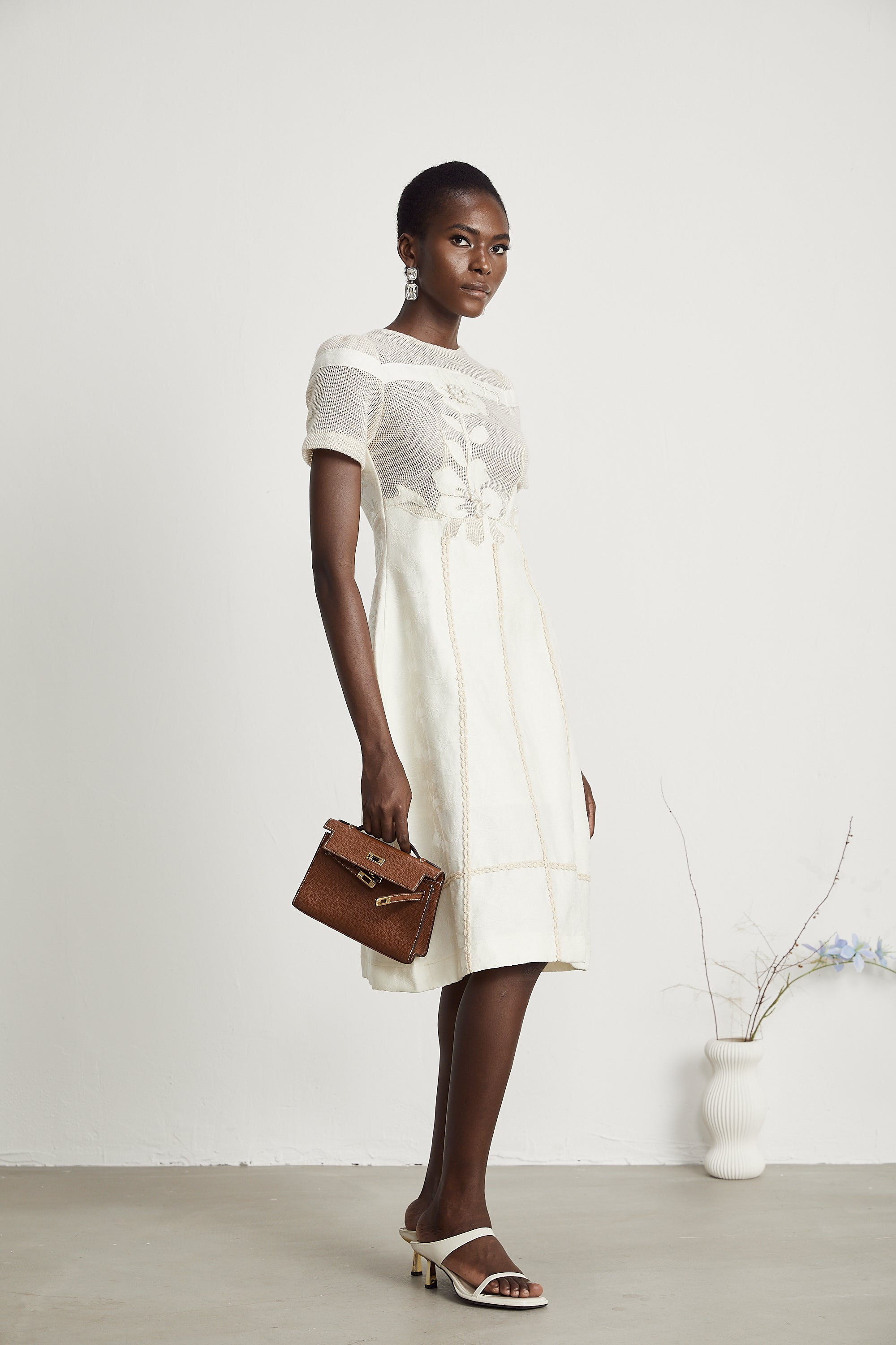 Ivory Mesh Panel Midi Dress with Floral Embroidery for Women - Liliana