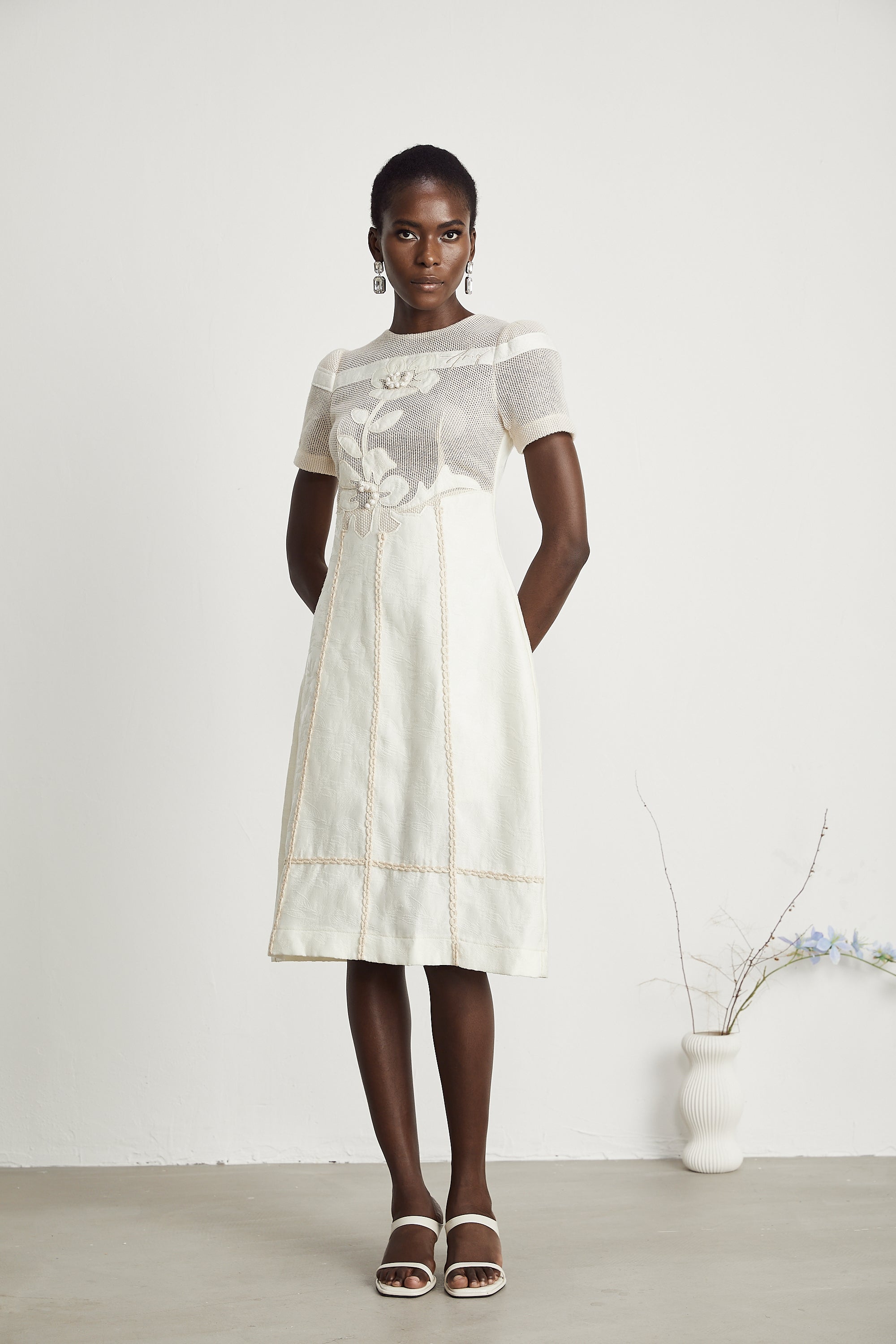 Ivory Mesh Panel Midi Dress with Floral Embroidery for Women - Liliana
