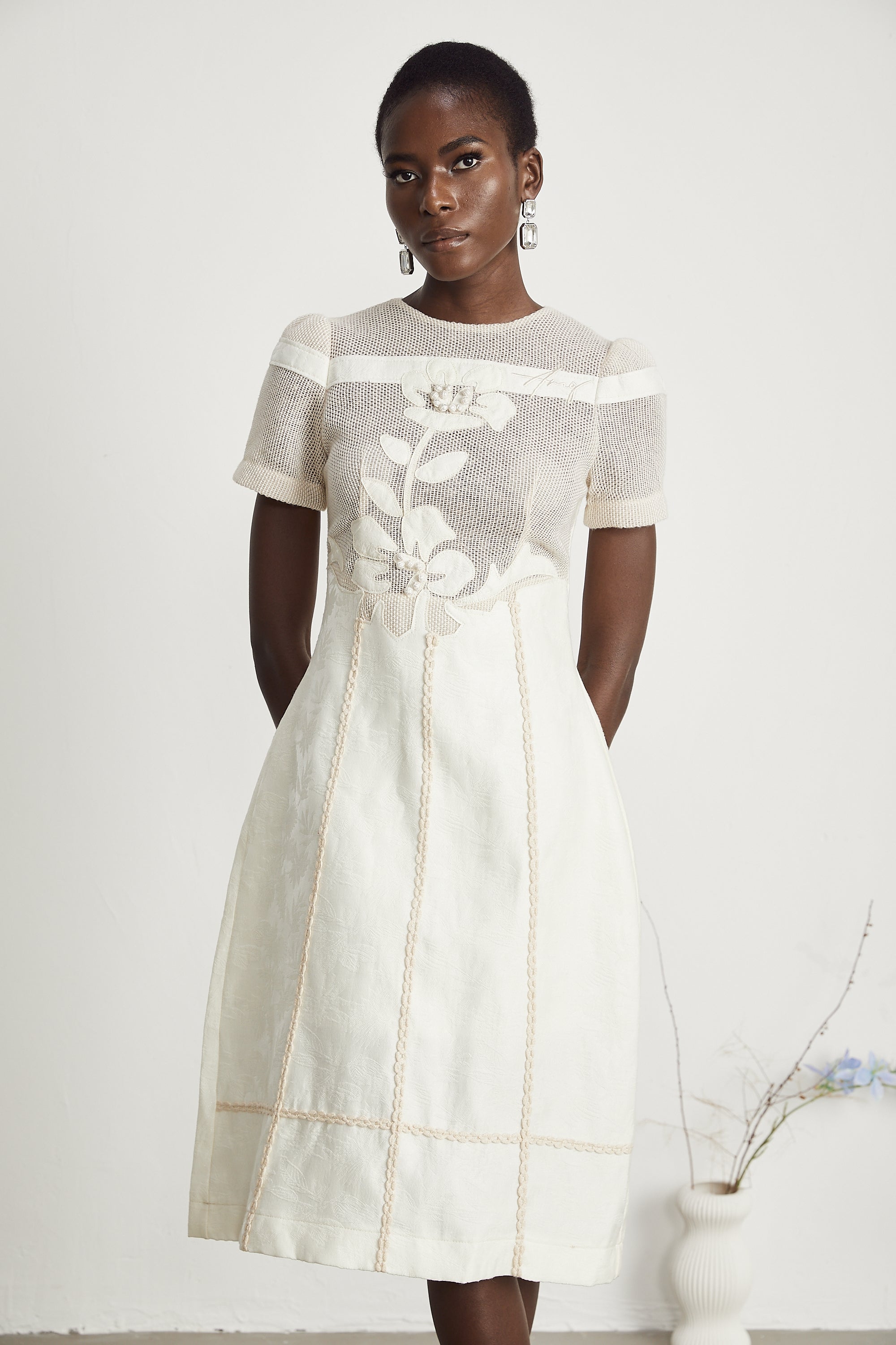 Ivory Mesh Panel Midi Dress with Floral Embroidery for Women - Liliana