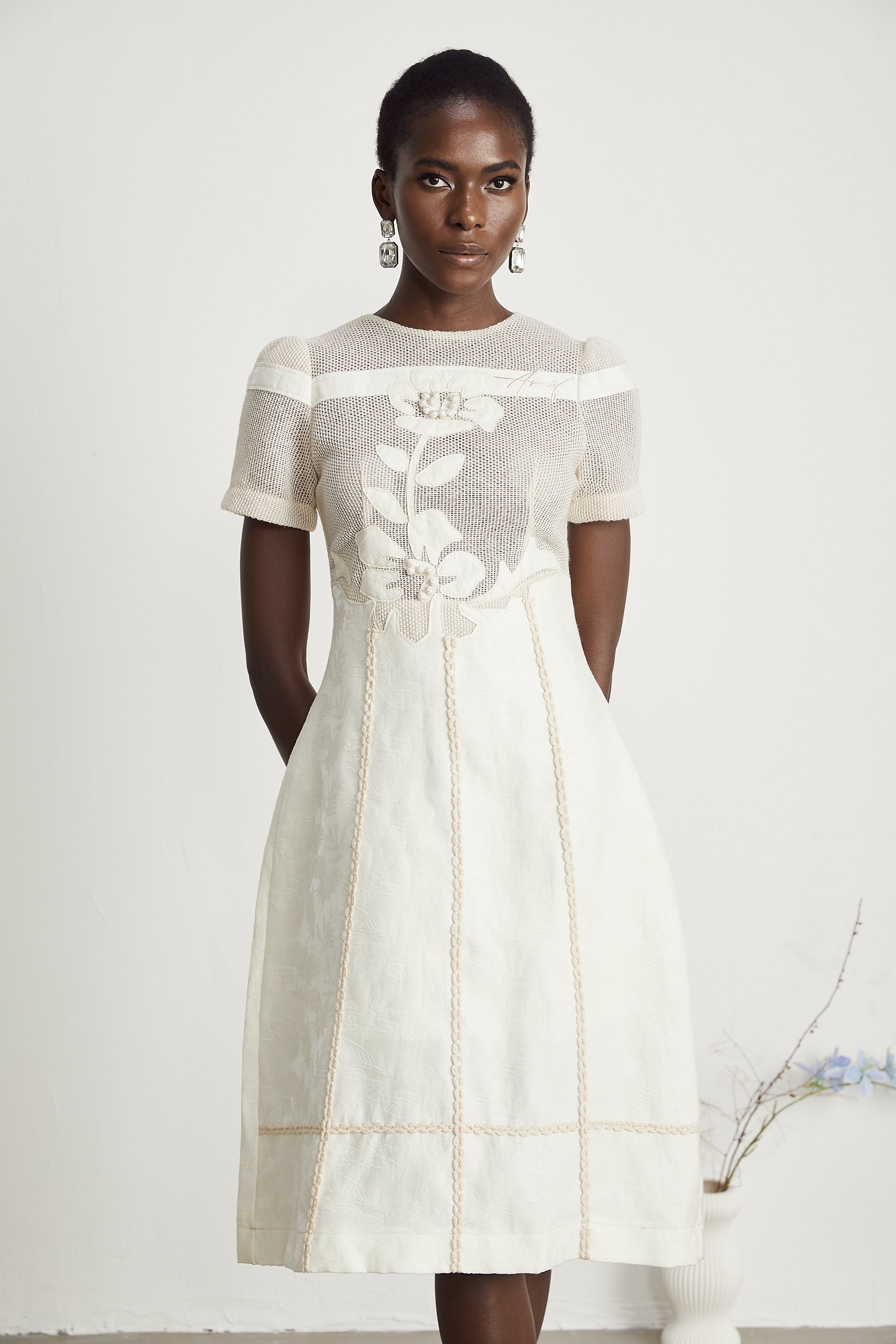 Ivory Mesh Panel Midi Dress with Floral Embroidery for Women - Liliana
