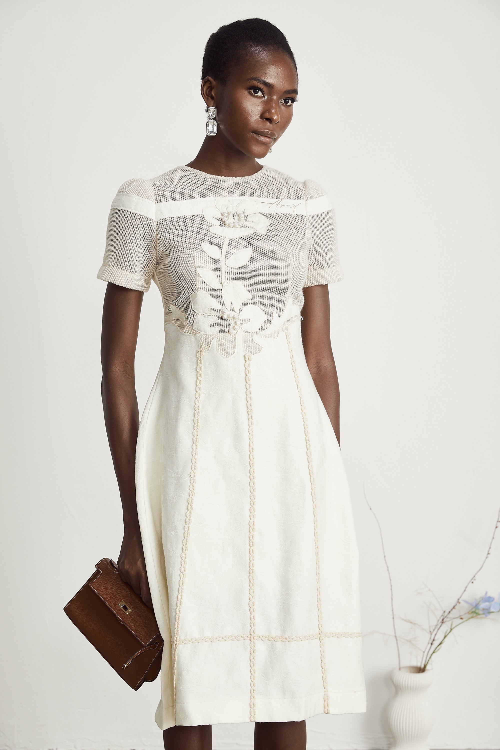 Ivory Mesh Panel Midi Dress with Floral Embroidery for Women - Liliana