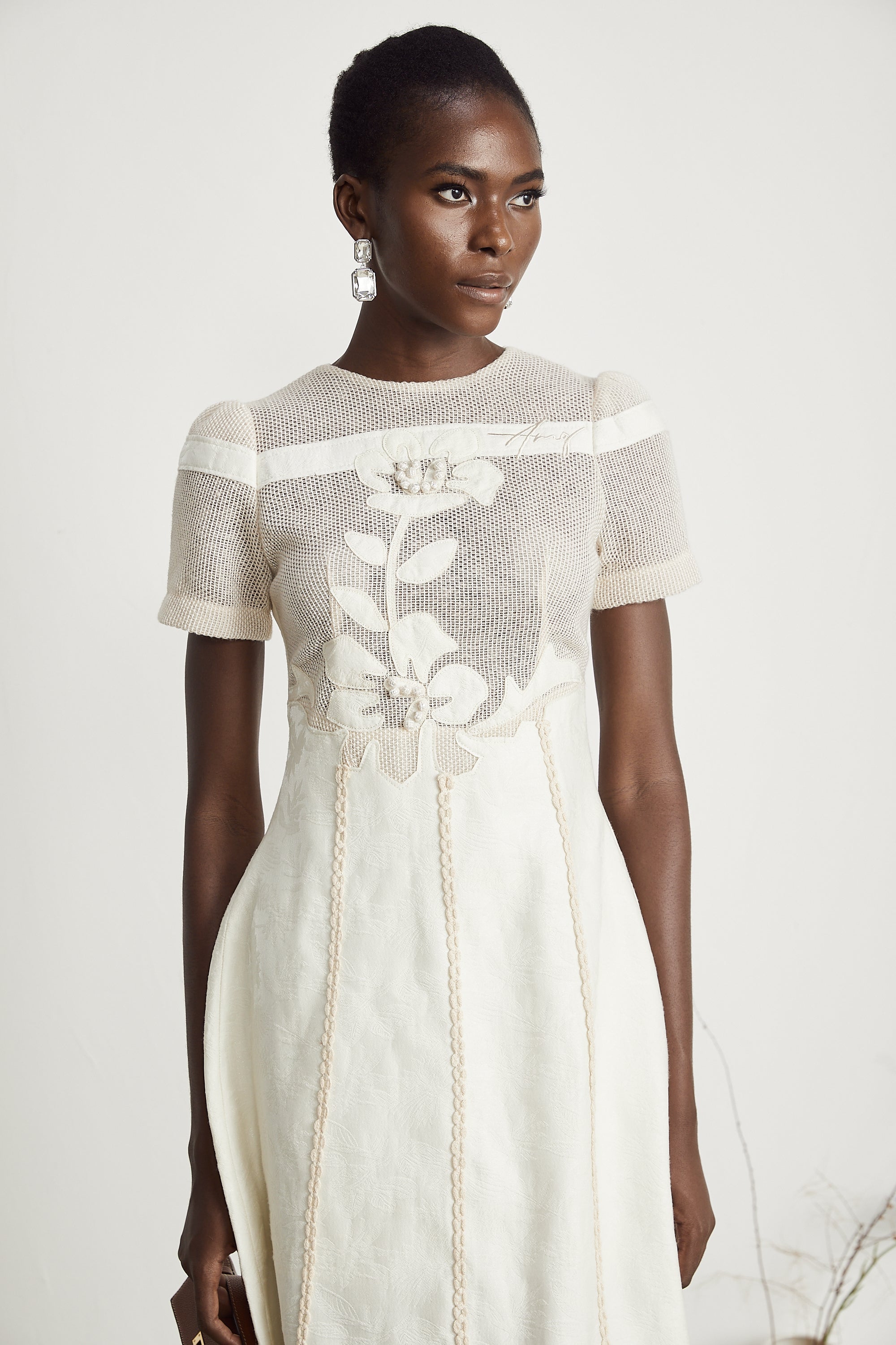 Ivory Mesh Panel Midi Dress with Floral Embroidery for Women - Liliana