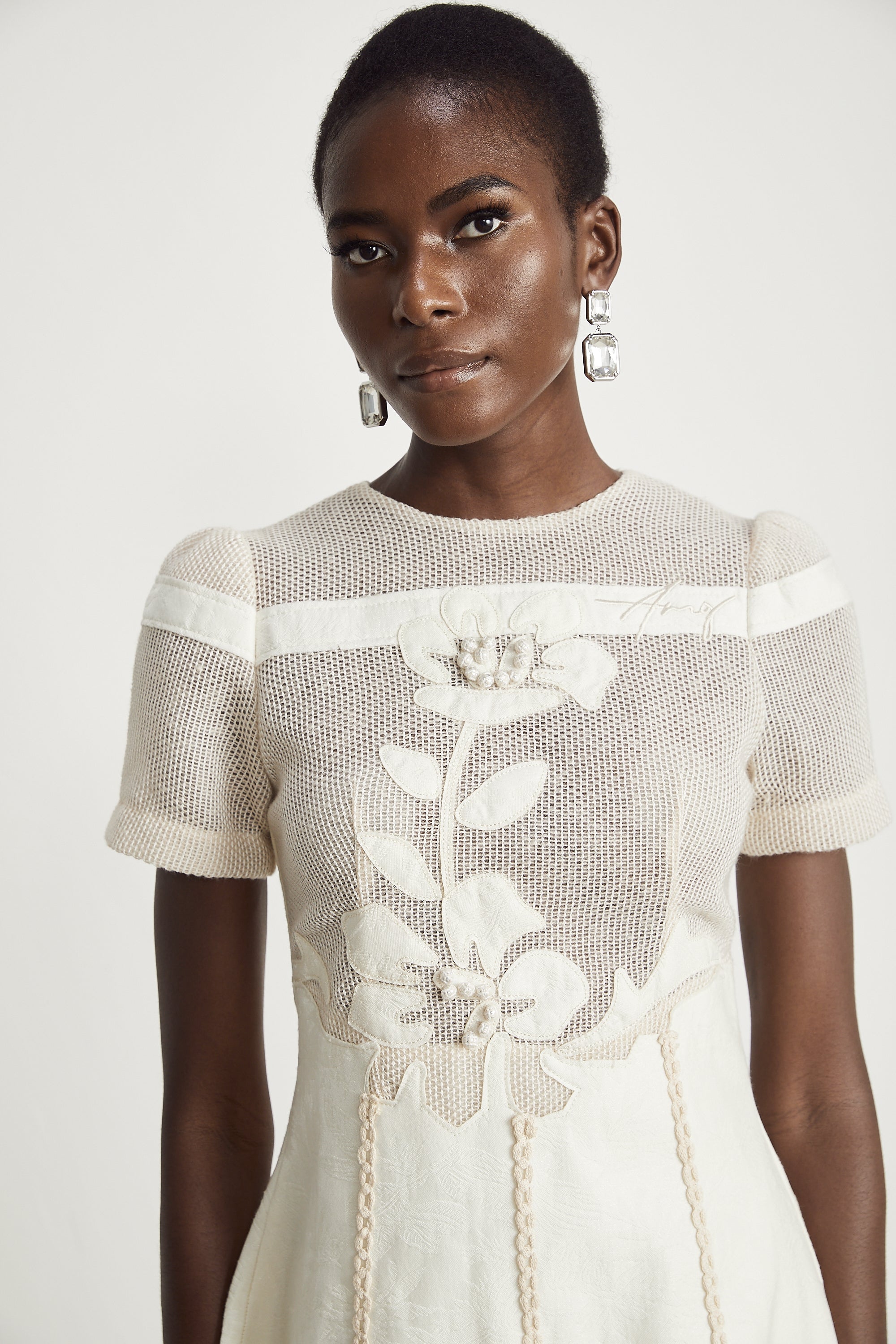 Ivory Mesh Panel Midi Dress with Floral Embroidery for Women - Liliana