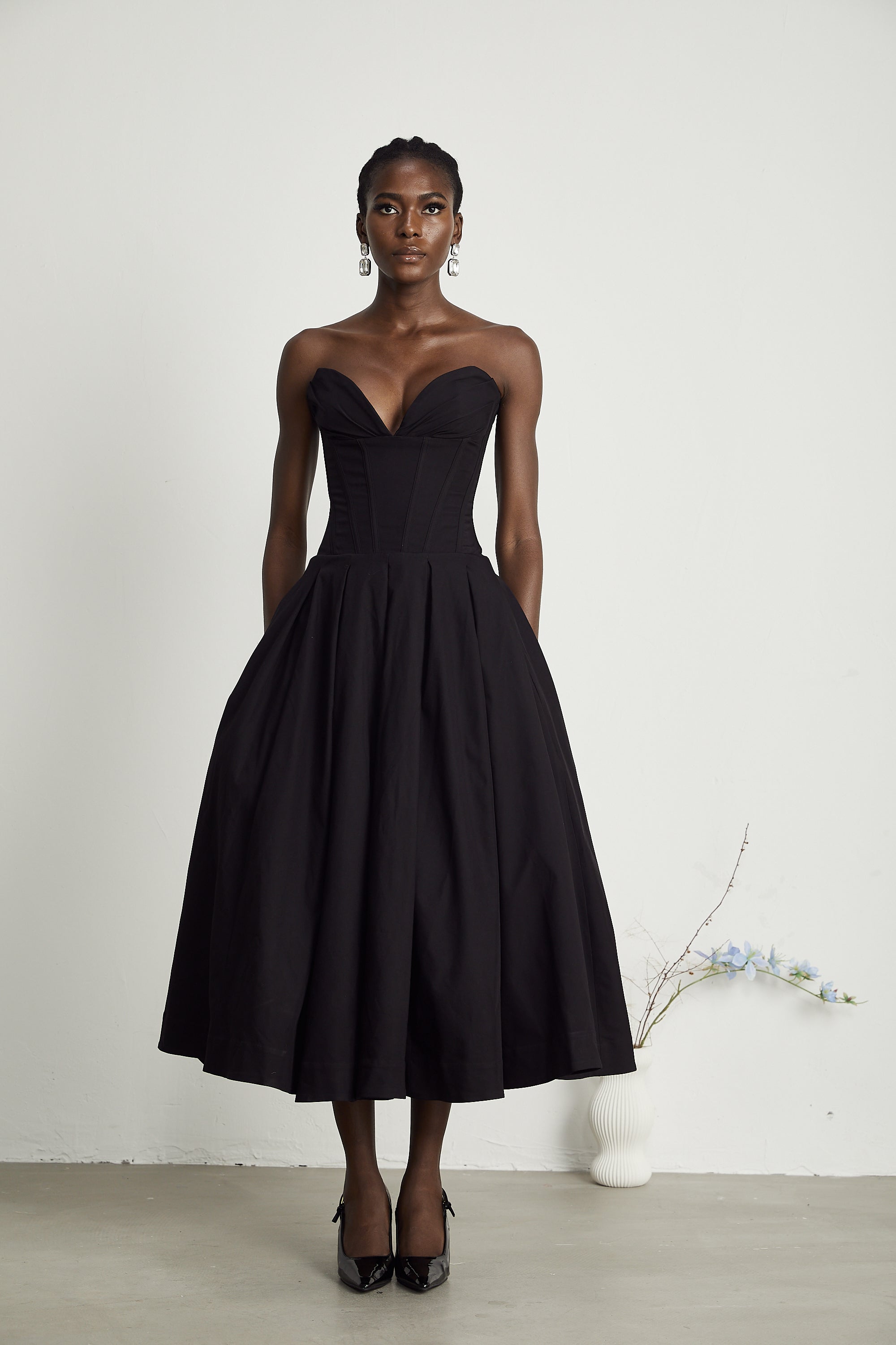 Black Strapless Corset Midi Dress with Full Skirt for Women - Silvana