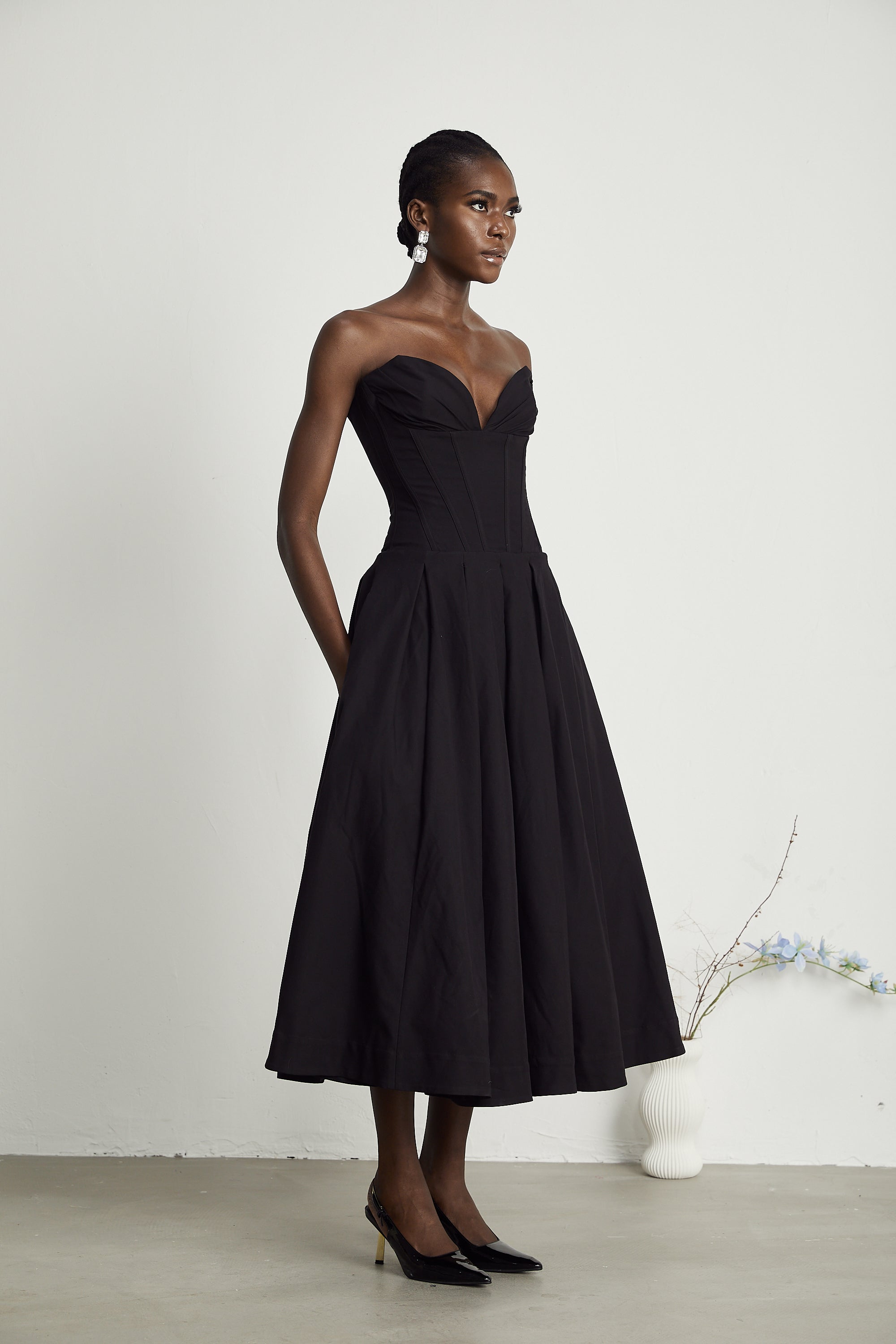 Black Strapless Corset Midi Dress with Full Skirt for Women - Silvana