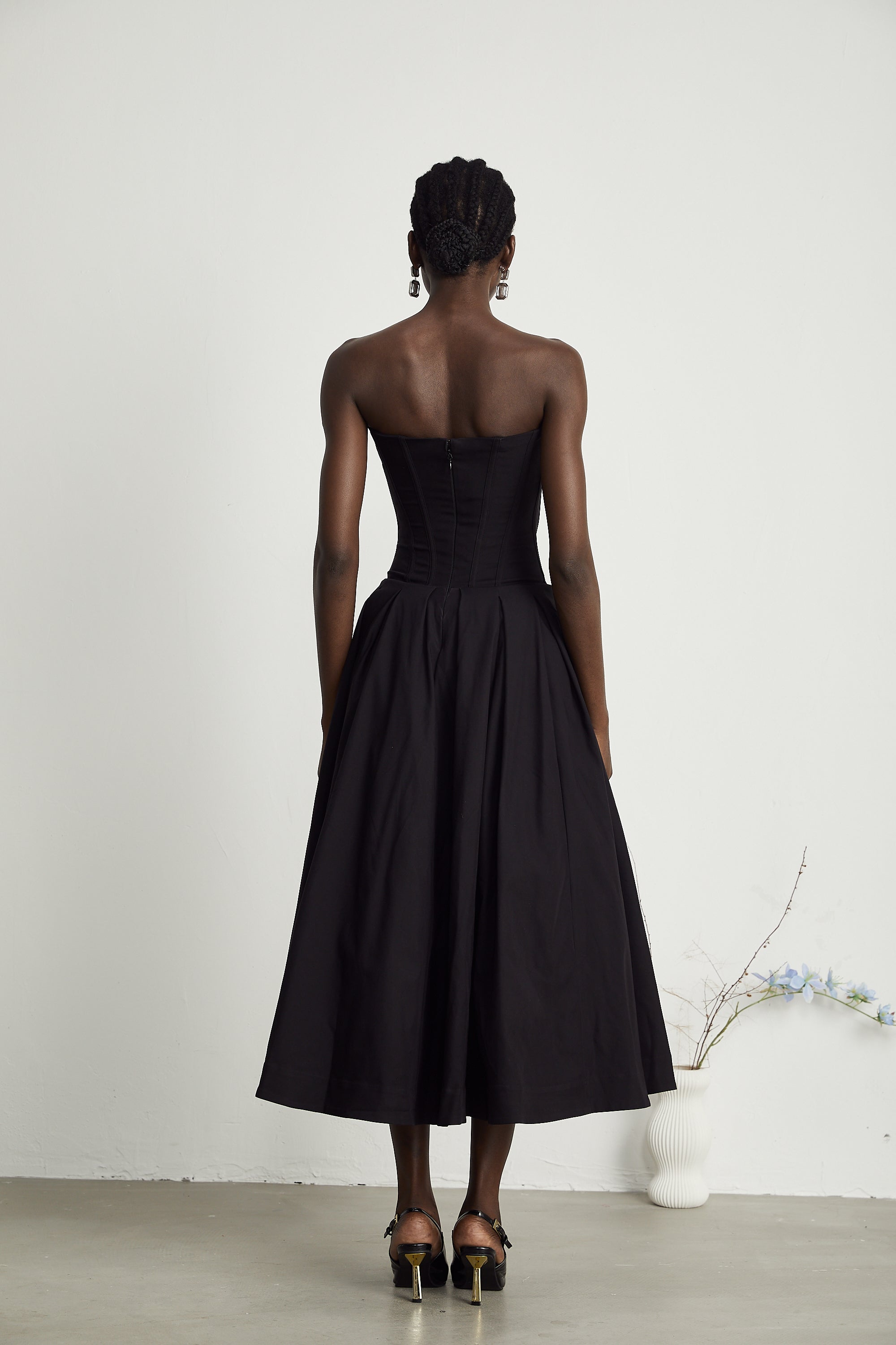 Black Strapless Corset Midi Dress with Full Skirt for Women - Silvana