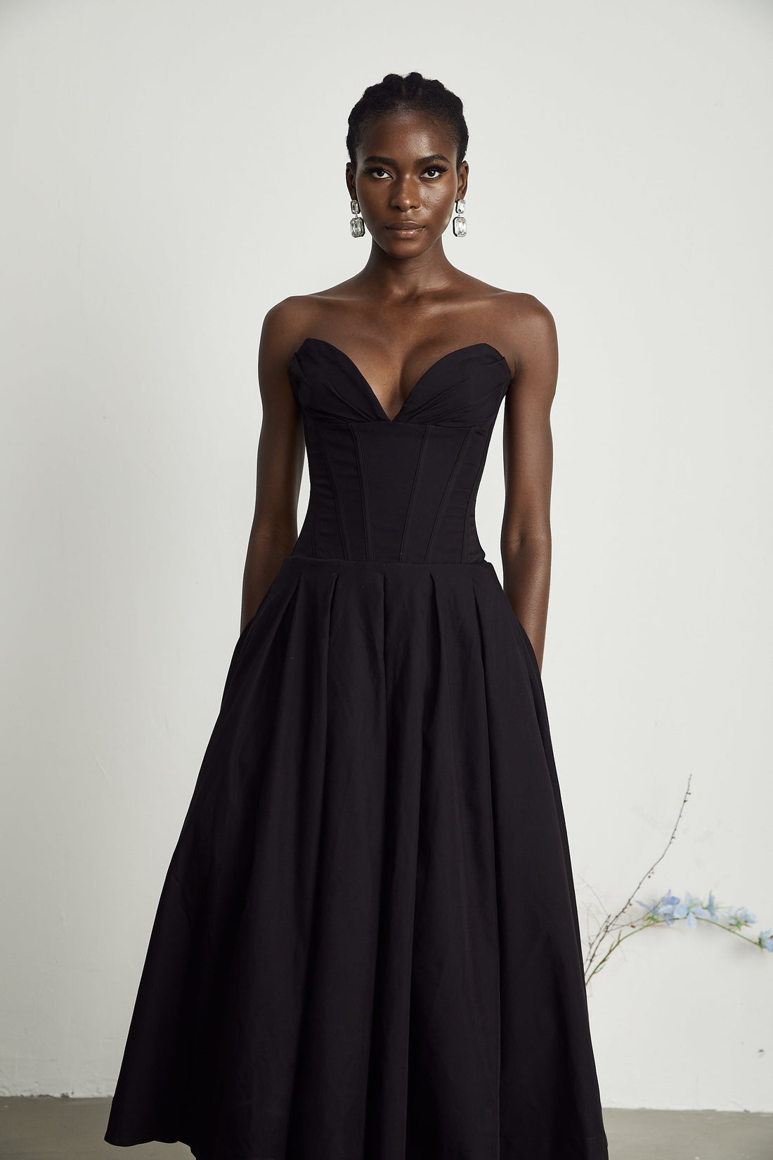 Black Strapless Corset Midi Dress with Full Skirt for Women - Silvana
