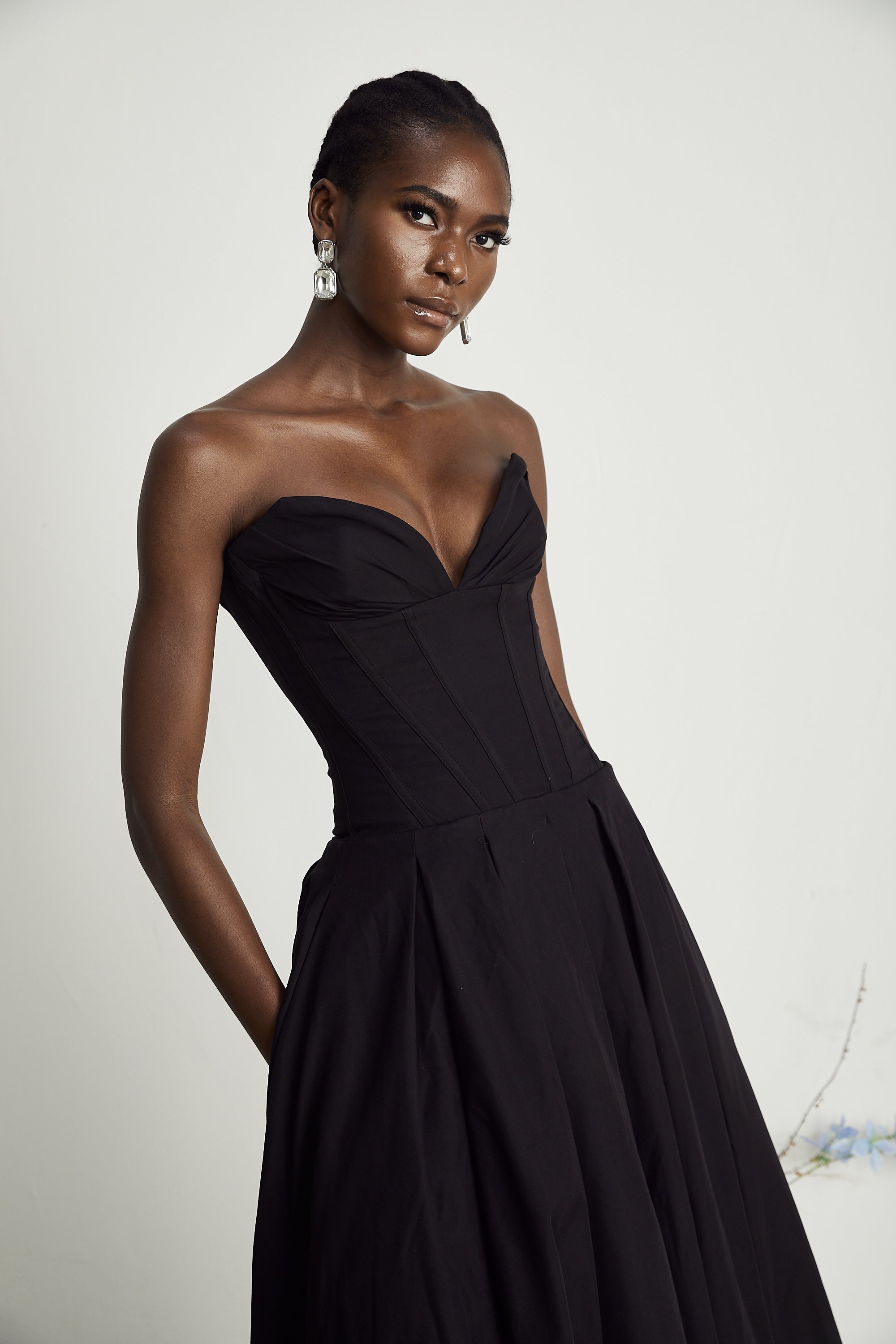Black Strapless Corset Midi Dress with Full Skirt for Women - Silvana