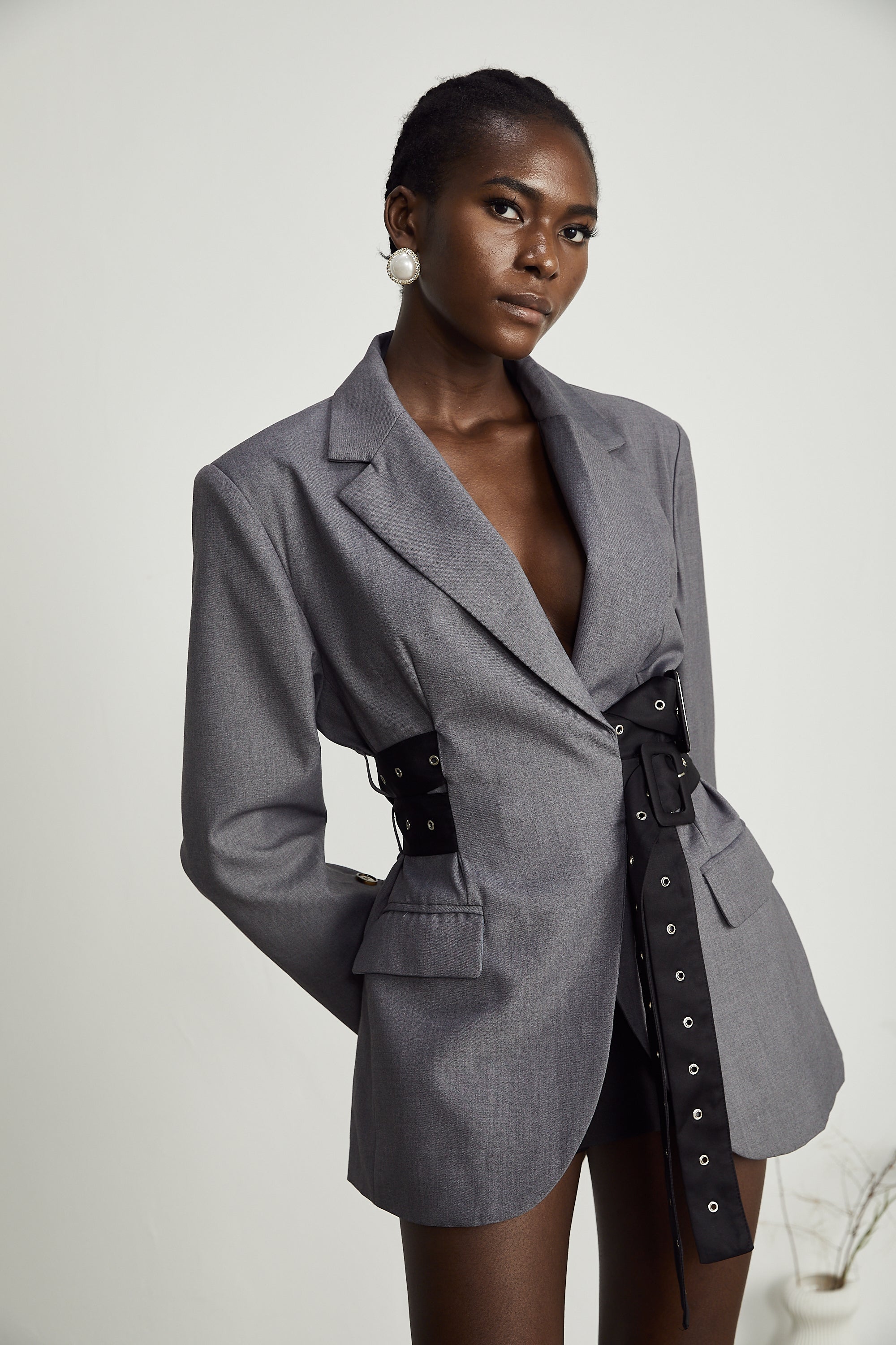 Grey Blazer with Belt and Pocket Detailing for Women - Francesca