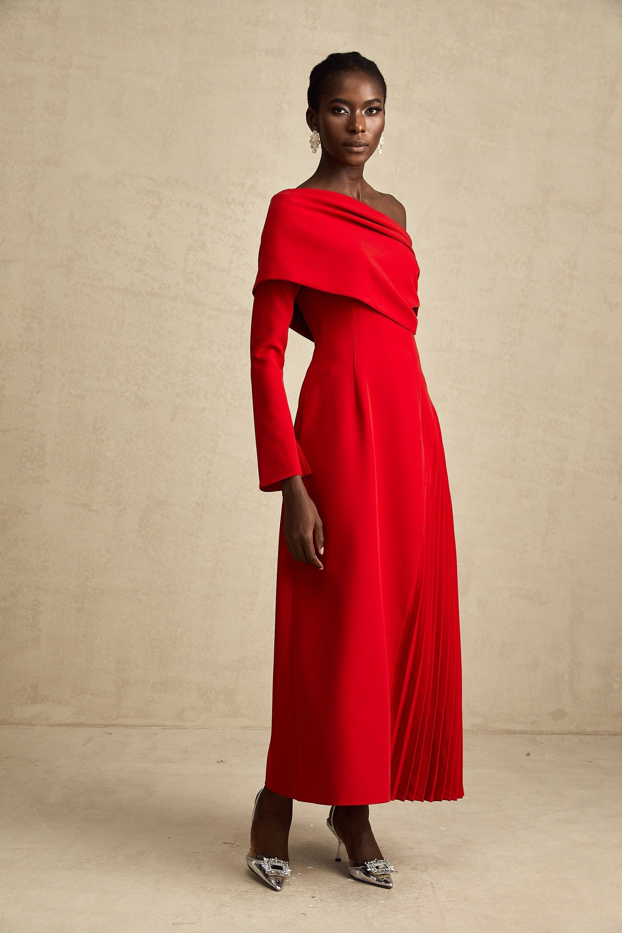 Cherry Red Off Shoulder Pleated Maxi Dress for Women - Serena