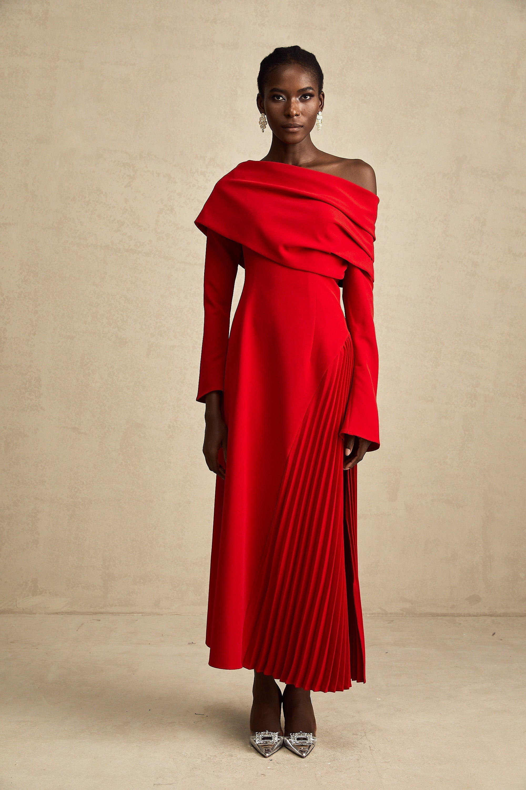 Cherry Red Off Shoulder Pleated Maxi Dress for Women - Serena