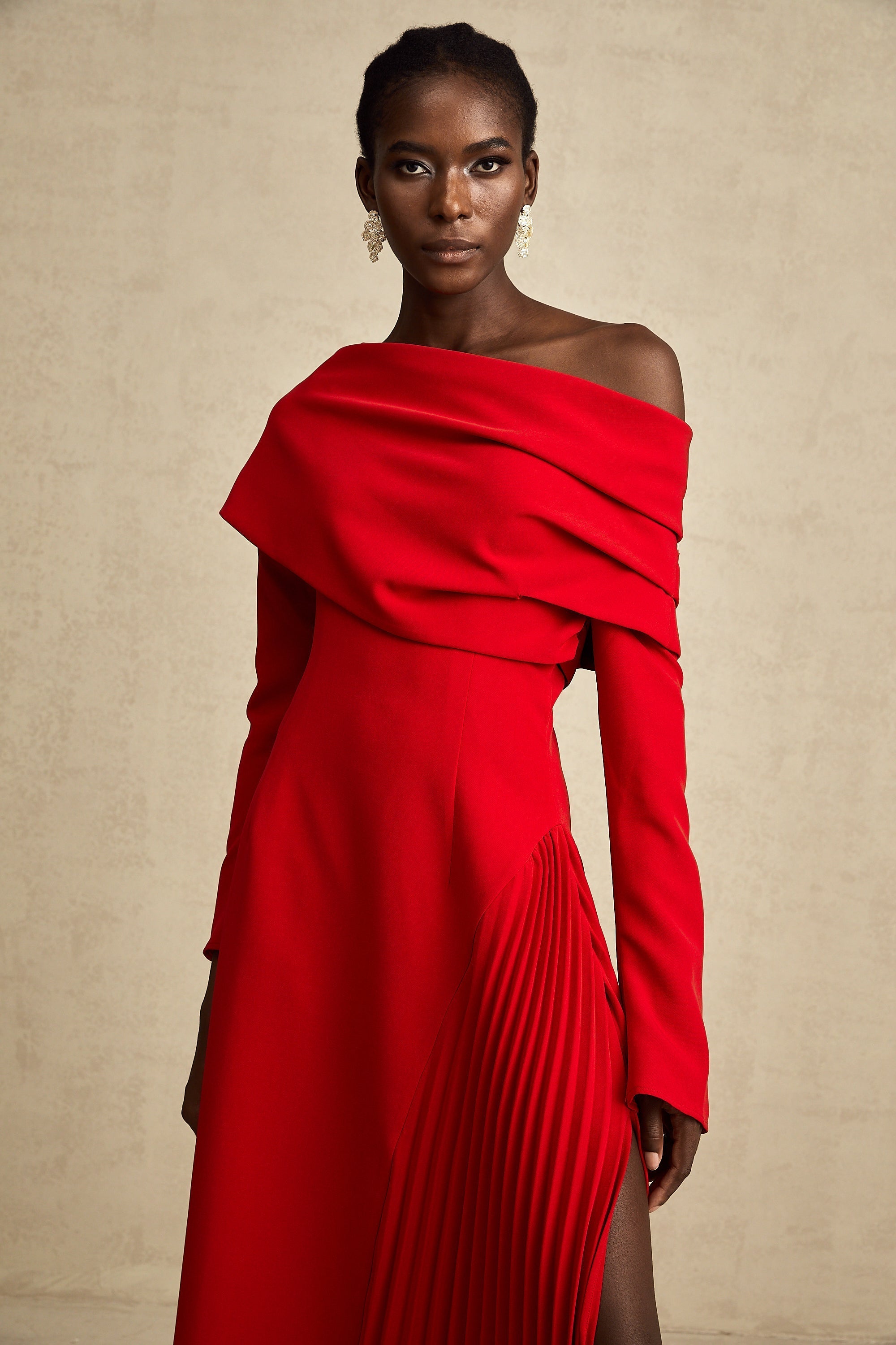 Cherry Red Off Shoulder Pleated Maxi Dress for Women - Serena