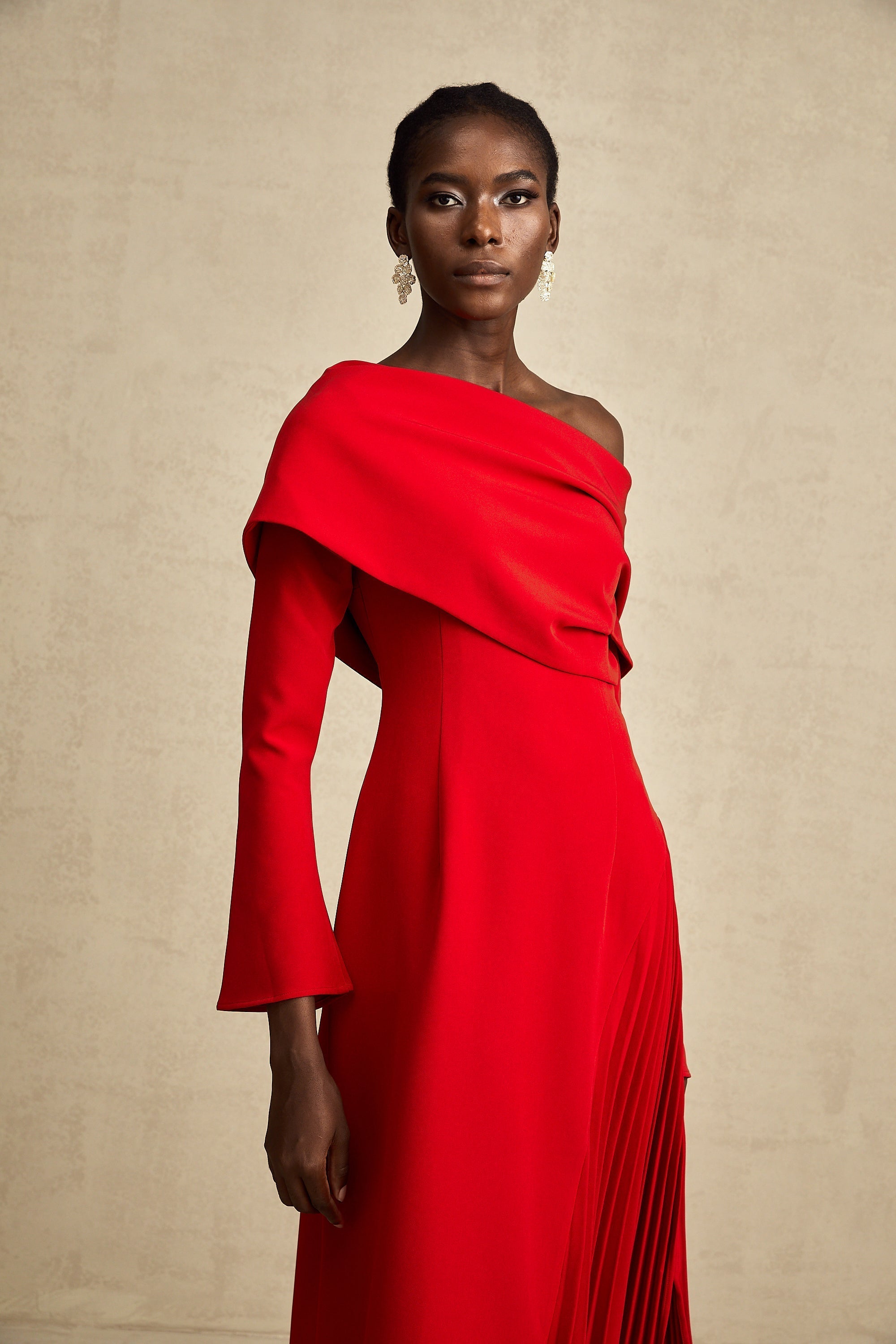 Cherry Red Off Shoulder Pleated Maxi Dress for Women - Serena