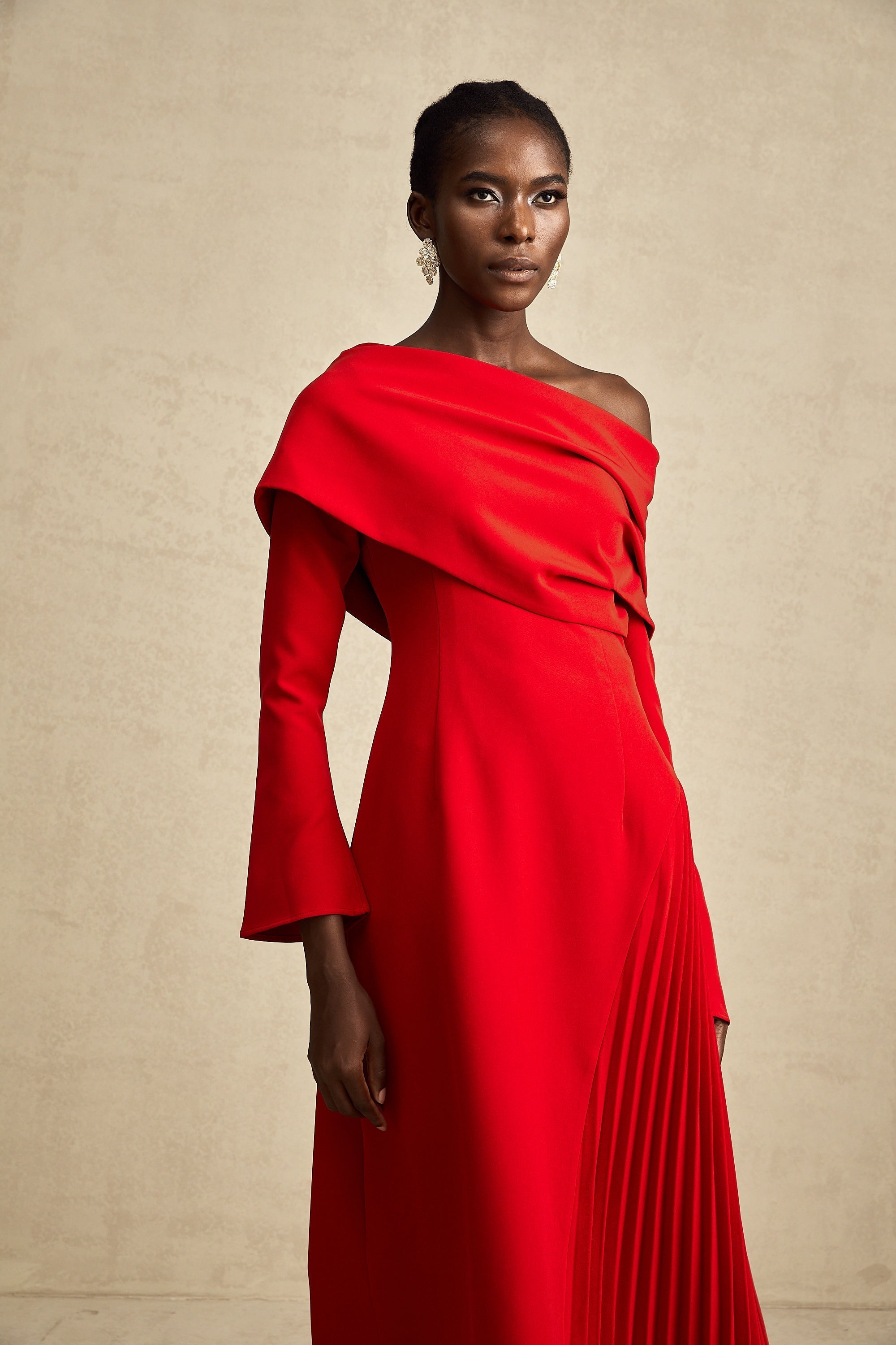 Cherry Red Off Shoulder Pleated Maxi Dress for Women - Serena
